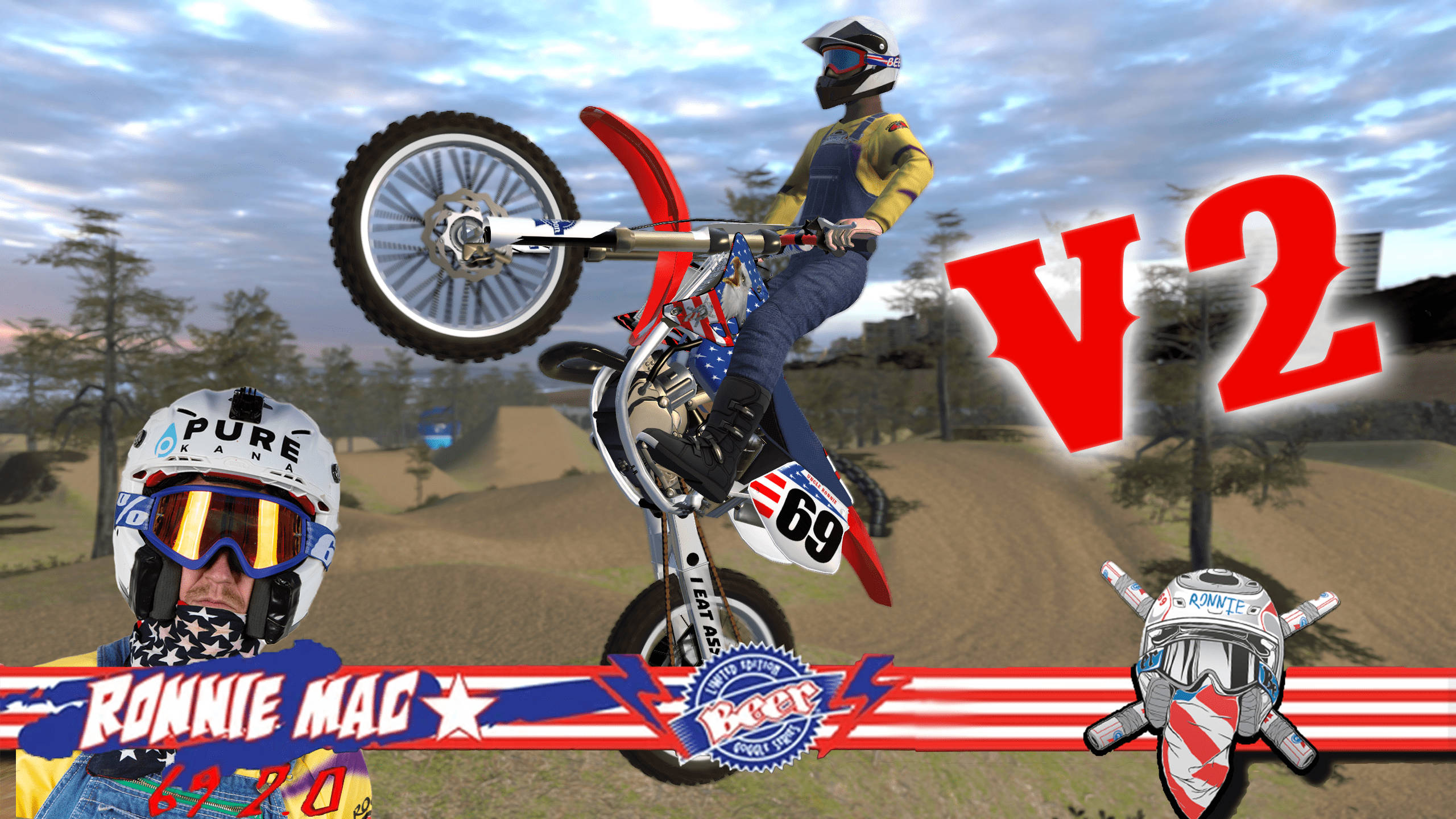 Ronnie Mac 桌布 壁紙 — 一名越野摩托車手在泥地賽道上表演翹前輪，帶有愛國圖案和一個大型紅色V2標誌。