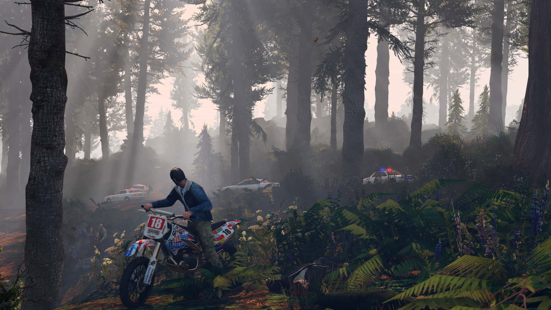1920x1080 Grand Theft Auto V 桌布 壁紙 — 一名越野摩托車手在霧氣瀰漫的森林小徑上行駛，警車在迷霧中追捕。
