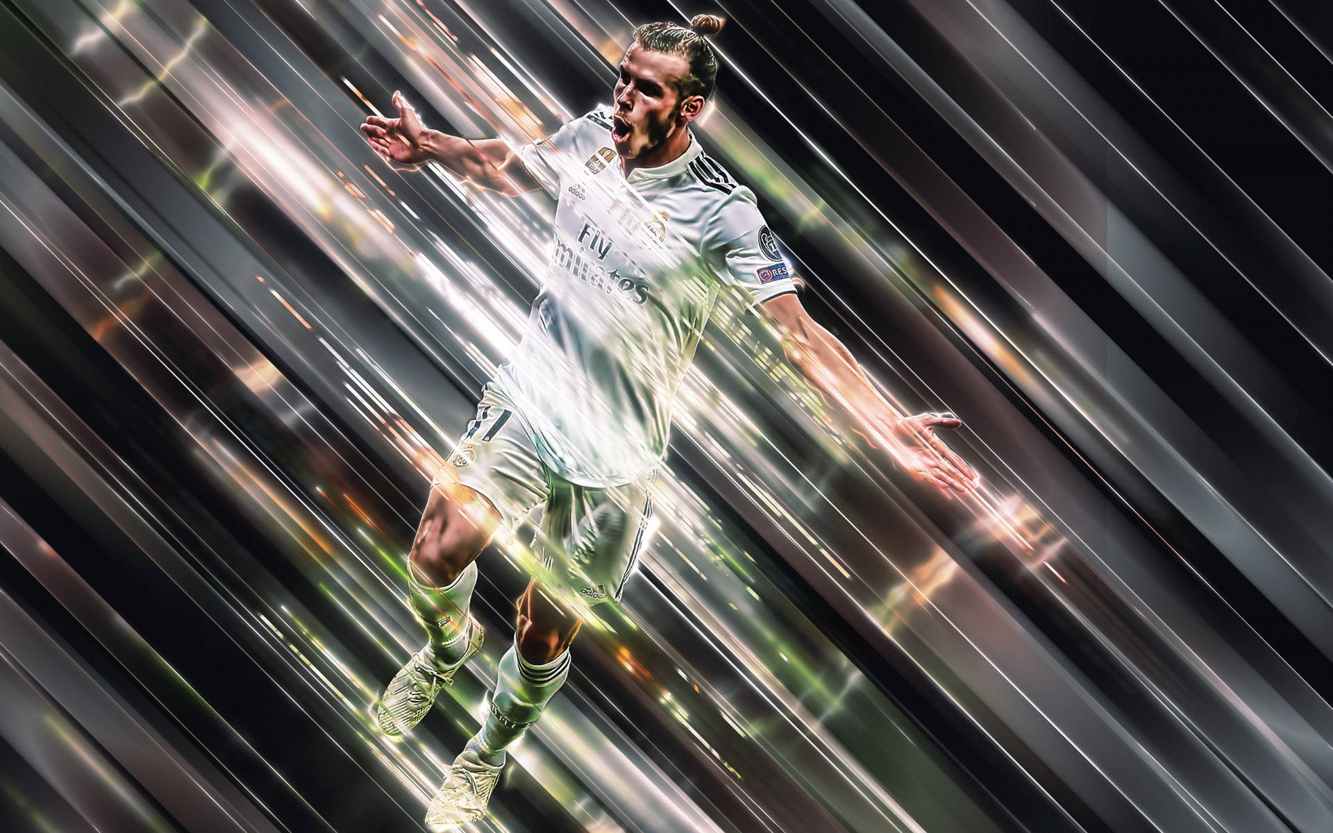 Gareth Bale 桌布 壁紙 — 一名足球員在空中張開雙臂慶祝，背景是帶有條紋的金屬質感。
