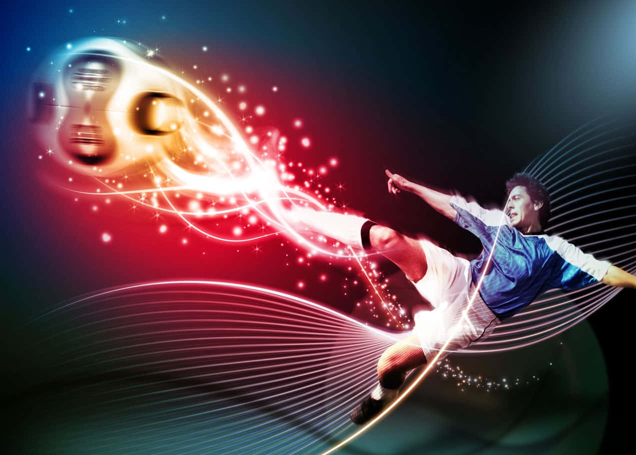 Soccer Aesthetic 桌布 壁紙 — 一名足球員在空中踢一個發光的球，周圍有紅色和藍色的放射性能量軌跡，背景為深色。