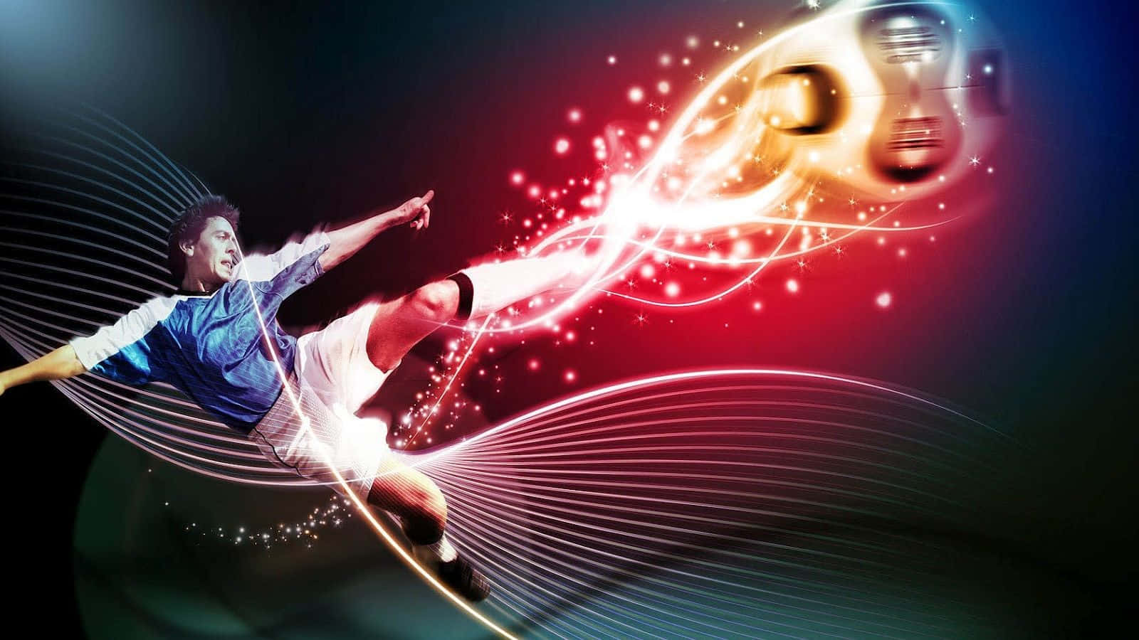 sport 桌布 壁紙 — 一名足球運動員在半空中踢一個發光的球，周圍環繞著放射性的紅色和白色能量軌跡，背景為深色。