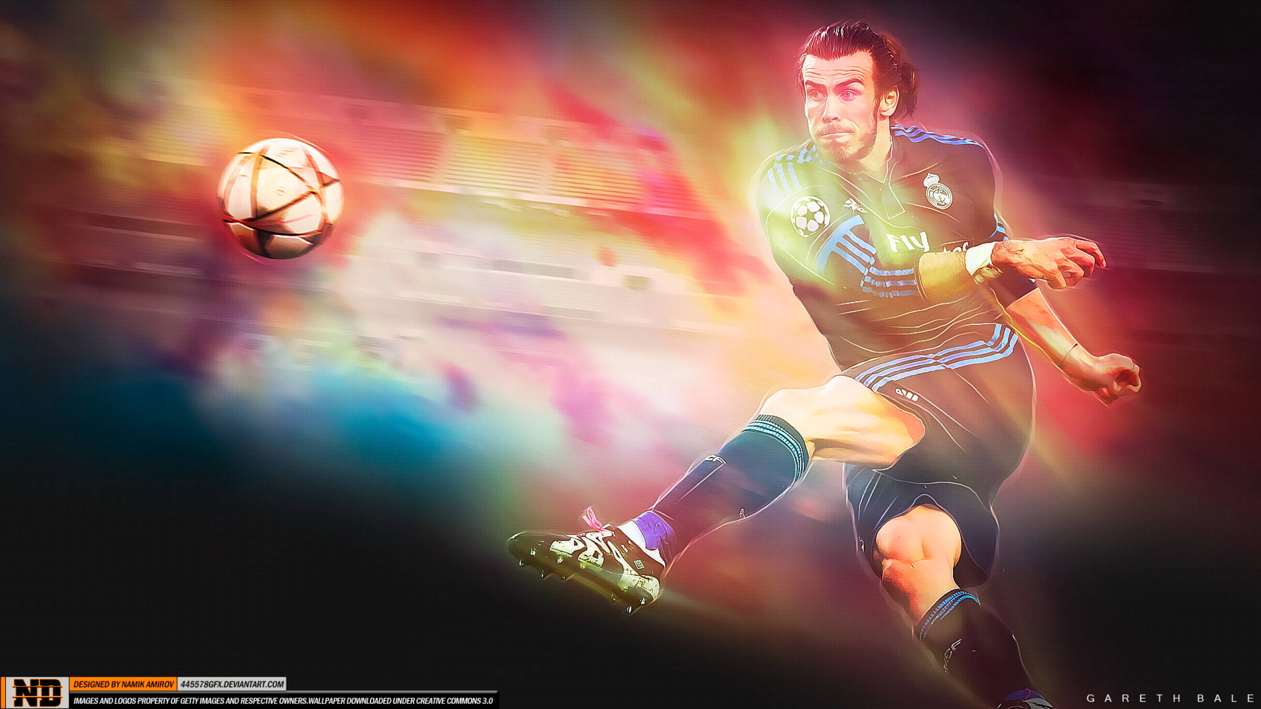 Gareth Bale 桌布 壁紙 — 一名足球運動員在運動中踢球，背景是充滿活力的彩色抽象背景，帶有動態模糊效果。