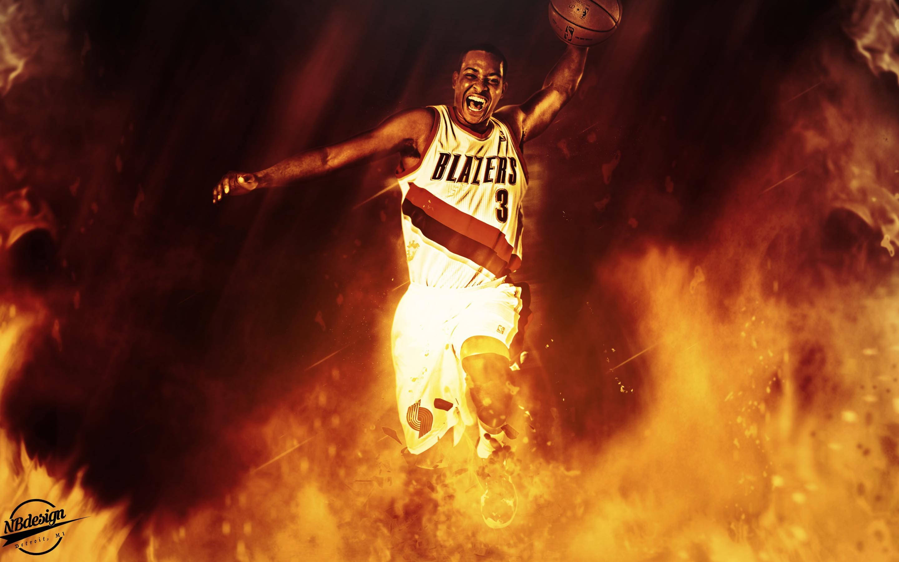 Cj 桌布 壁紙 — 一名身穿 Blazers 球衣的籃球運動員，手持籃球，表情專注，躍過熊熊火焰。