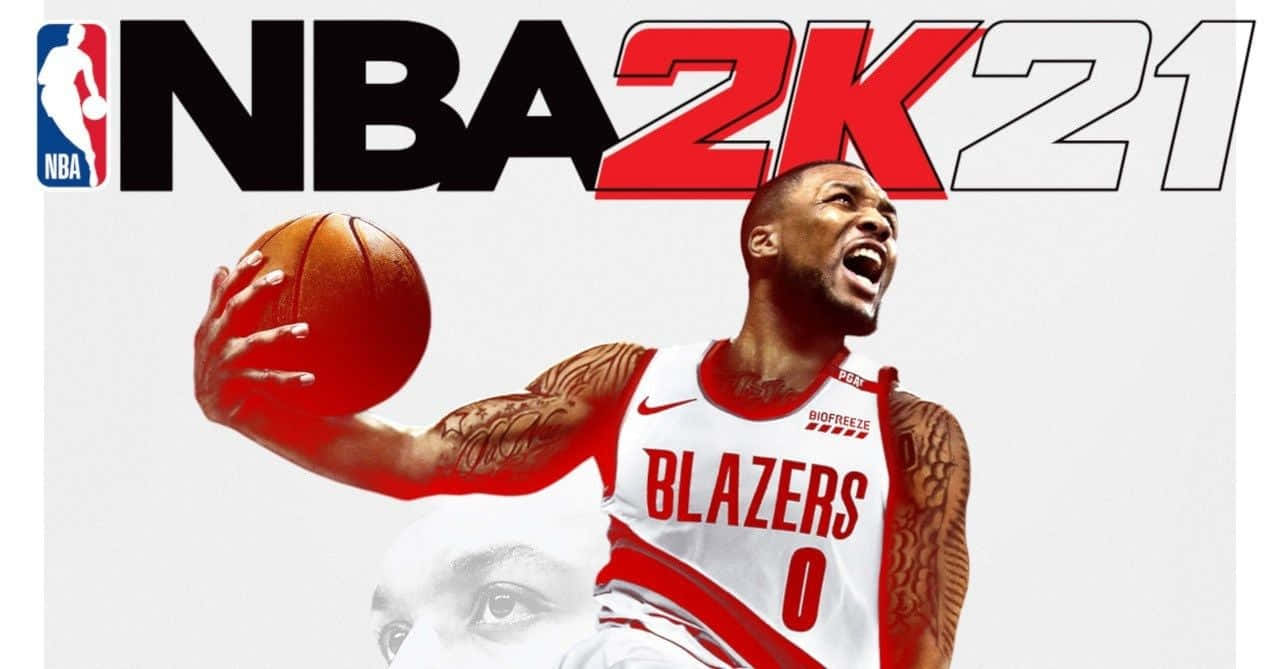 NBA 2k 桌布 壁紙 — 一名身穿 Blazers 球衣的籃球運動員在純白背景下，專注地持球動態跳躍。