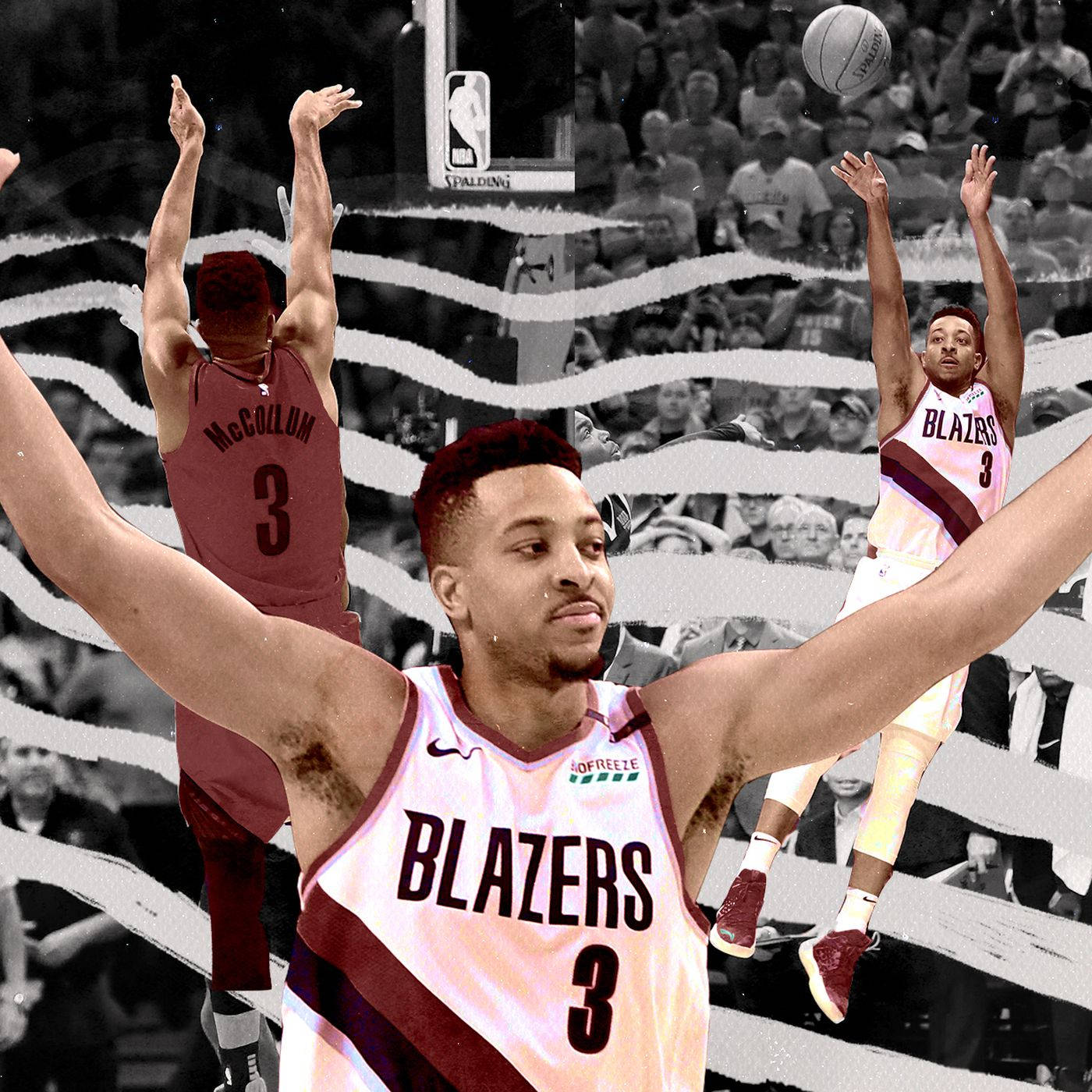 Cj 桌布 壁紙 — 一名身穿 Blazers 球衣的籃球運動員舉臂跳投，球迷在風格化的黑白人群中歡呼。