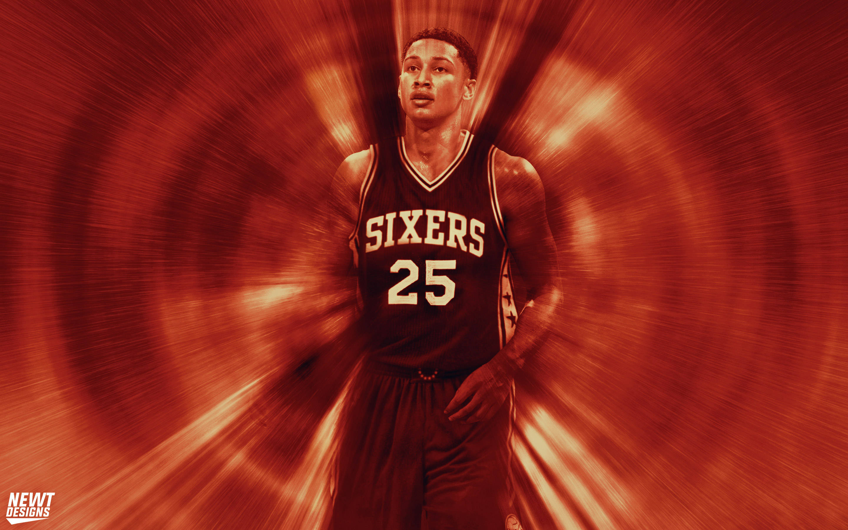 Ben Simmons 桌布 壁紙 — 一名身穿 Sixers 球衣的籃球運動員站在旋轉的紅色光隧道中央。