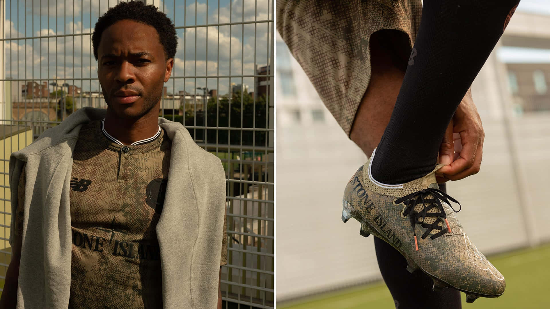 New Balance 桌布 壁紙 — 一名身穿 Stone Island 球衣和連帽衫的男子站在草地上，近距離拍攝他調整品牌足球鞋的腳部。