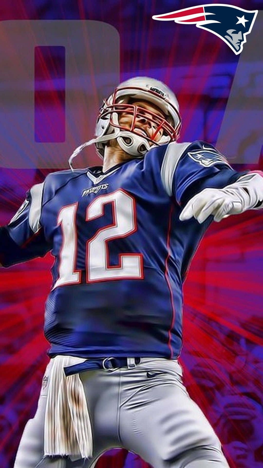 New England Patriots 桌布 壁紙 — 一名身穿12號球衣的新英格蘭愛國者隊美式足球員，在充滿活力的紫色和紅色抽象背景前動態地慶祝。