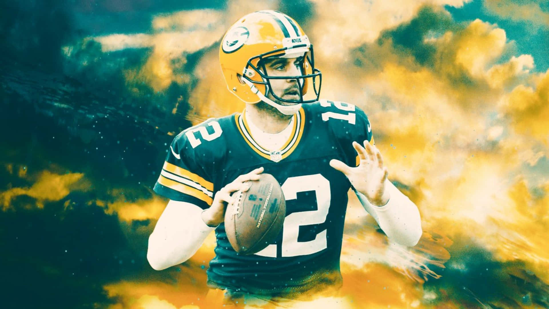 Aaron Rodgers 桌布 壁紙 — 一名身穿12號球衣的綠灣包裝工美式足球員，正準備在戲劇性的火紅天空背景下擲出橄欖球。