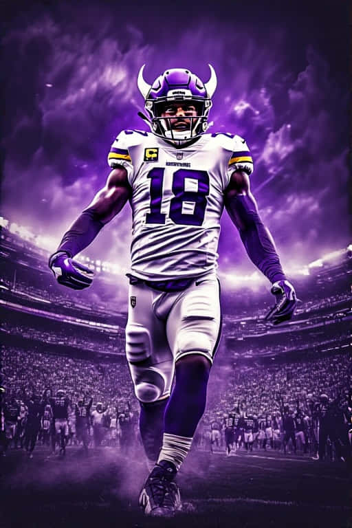 Minnesota Vikings Action Celebration 壁紙 — 一名身穿18號球衣的明尼蘇達維京人美式足球員，在戲劇性的紫色暴風雲下，強而有力地跨過球場。