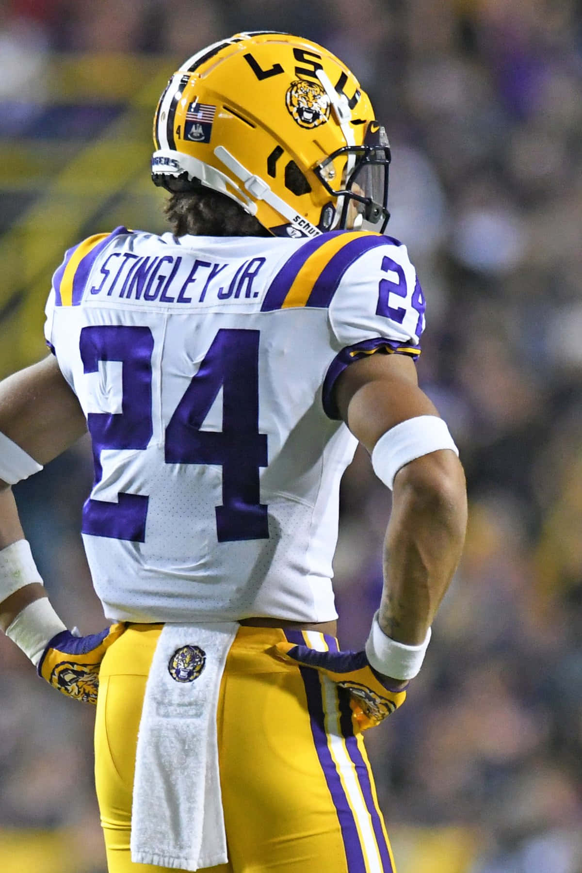 Lsu Football 桌布 壁紙 — 一名身穿24號球衣的LSU足球員在明亮的燈光下於球場上雙手叉腰站立。