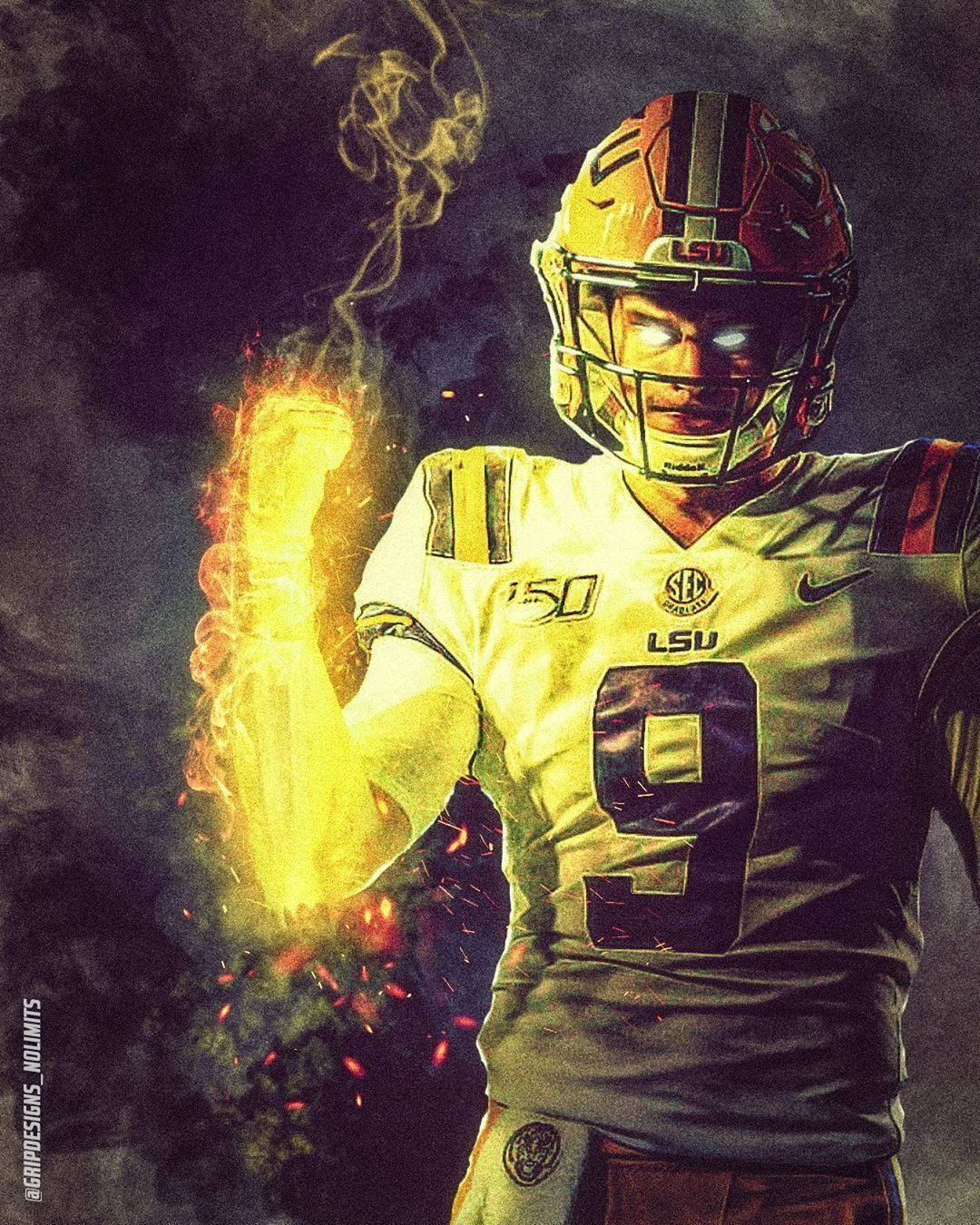 Joe Burrow 桌布 壁紙 — 一名身穿9號球衣的兇猛LSU美式足球運動員，在黑暗煙霧繚繞的背景中舉起燃燒的拳頭。