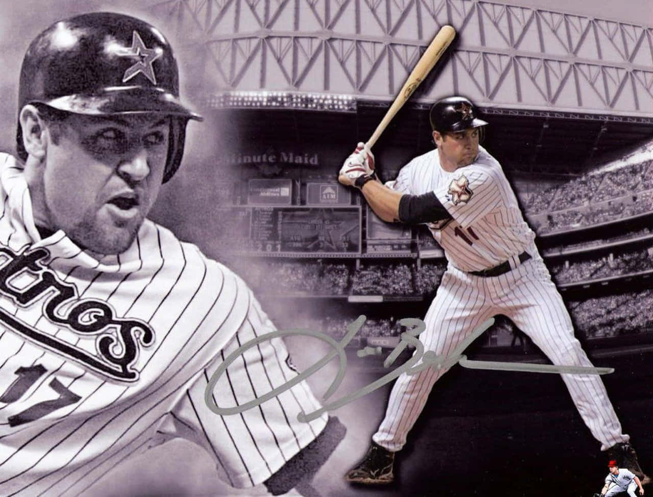 Baseball Players 桌布 壁紙 — 一名身穿Astros球衣的動感棒球選手，在球場背景下專注地揮棒中。