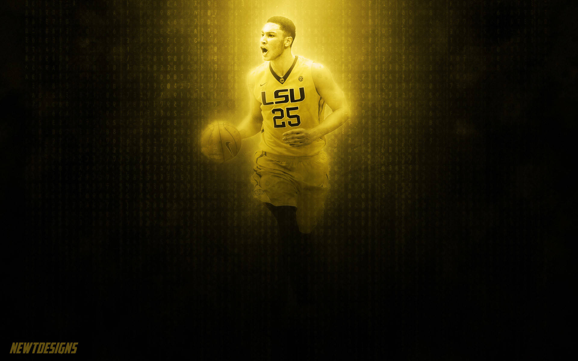 Lsu 桌布 壁紙 — 一名身穿LSU球衣的籃球運動員在黑暗的數位雨背景下閃耀著金色光芒。