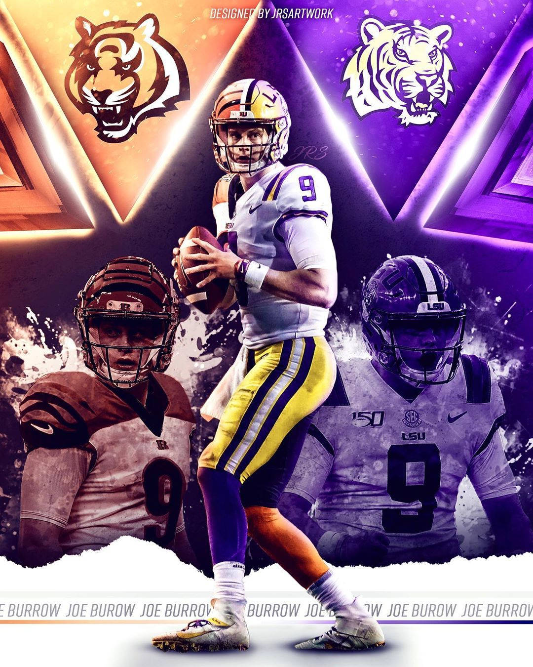 Joe Burrow 桌布 壁紙 — 一名身穿LSU裝備的動態數位藝術足球員準備投擲，兩側有老虎標誌和隊友，背景是充滿活力的紫色和金色幾何圖案。