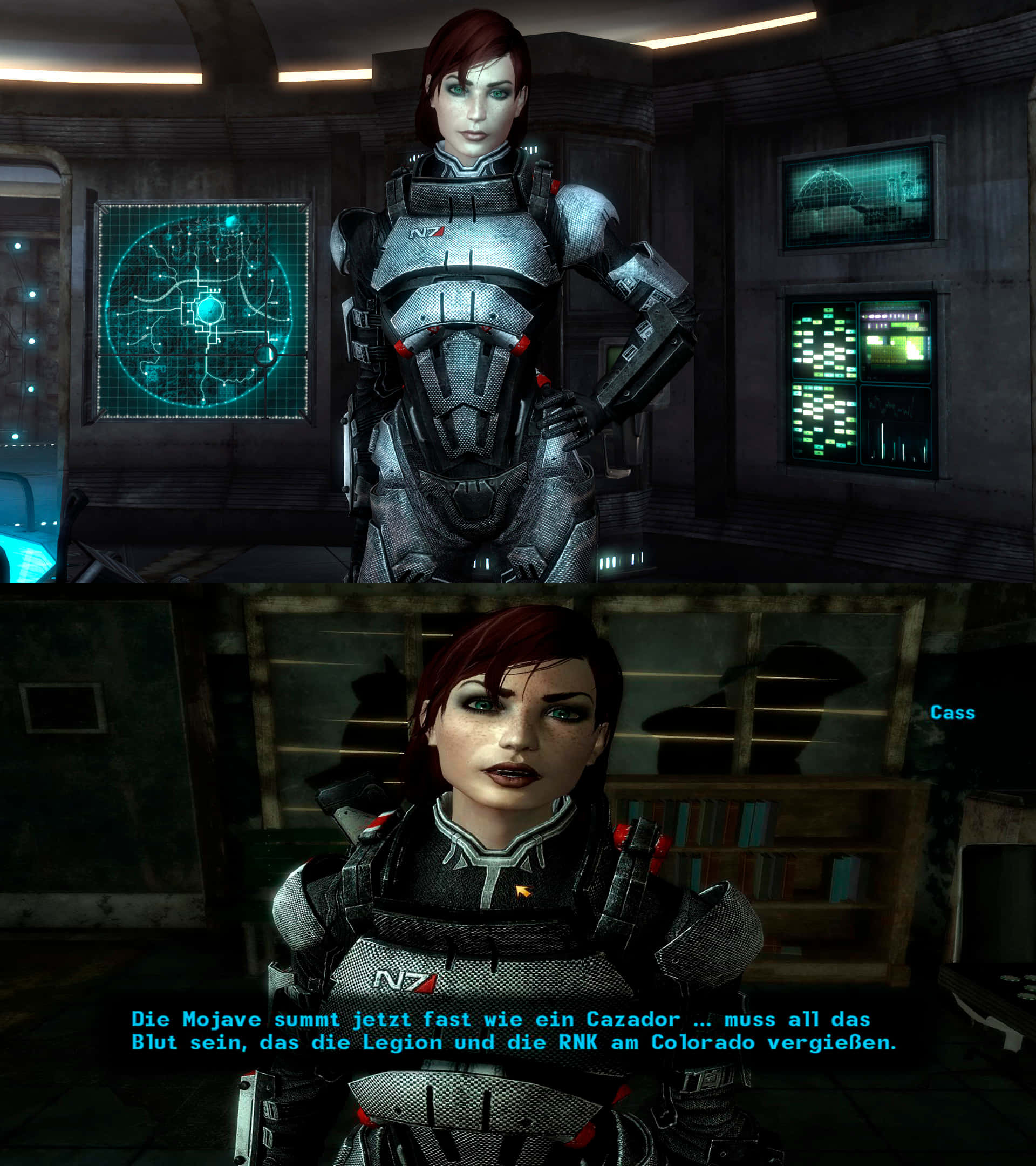 Mass Effect Femshep 桌布 壁紙 — 一名身穿N7裝甲的女性士兵站在燈光昏暗的科幻指揮室中，周圍有發光的全息顯示屏。