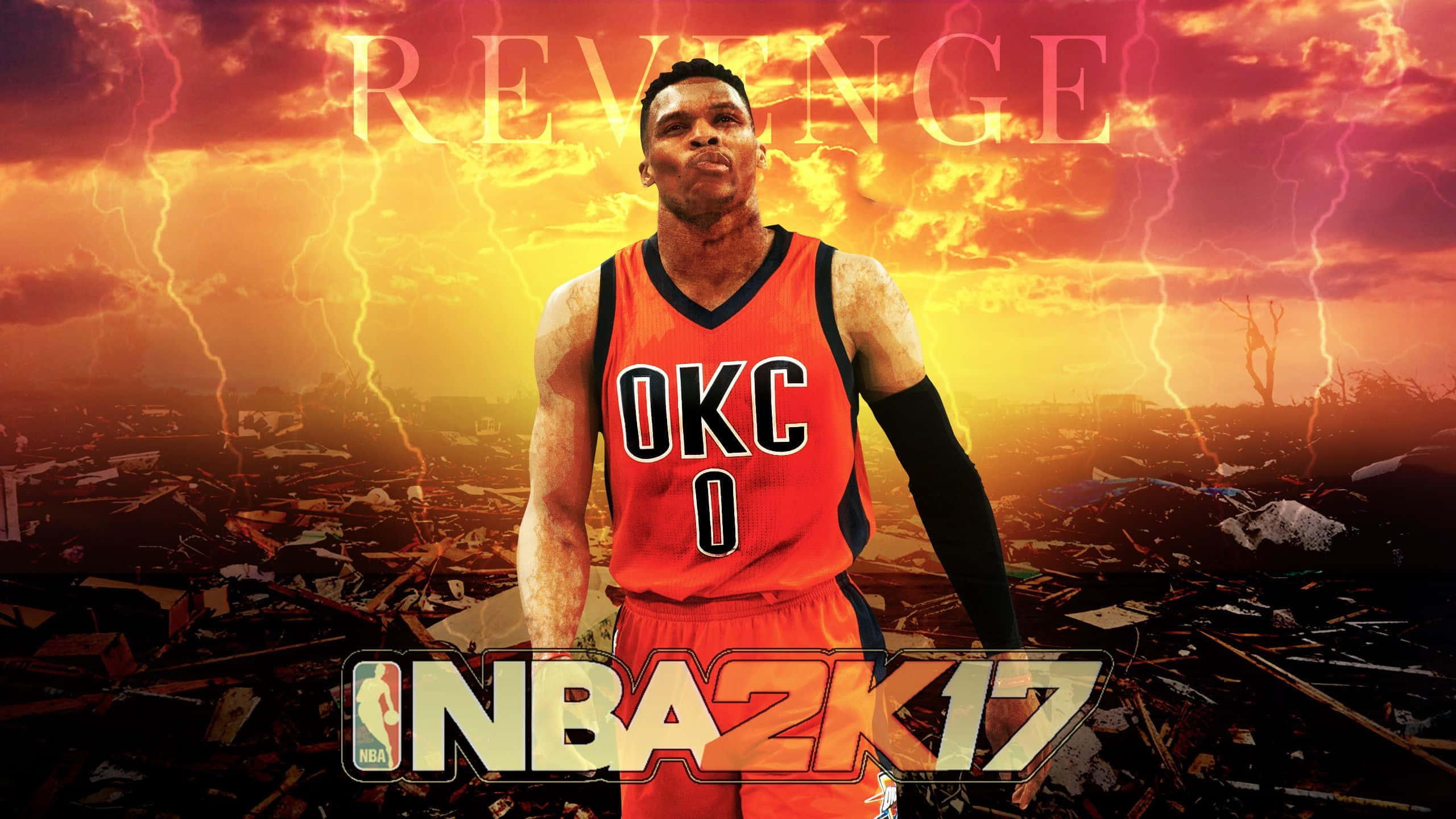NBA 2k 桌布 壁紙 — 一名身穿OKC球衣的籃球運動員，在廢墟城市景觀上空，對著熾熱的暴風雨天空挑釁地站立。