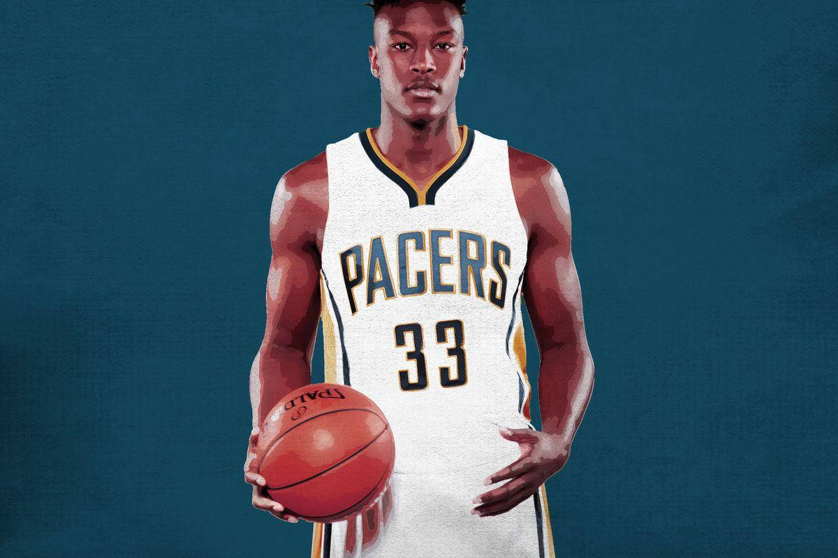 myles turner 桌布 壁紙 — 一名身穿Pacers球衣的籃球運動員，在帶有紋理的青綠色背景上，以風格化的數位藝術效果手持籃球。