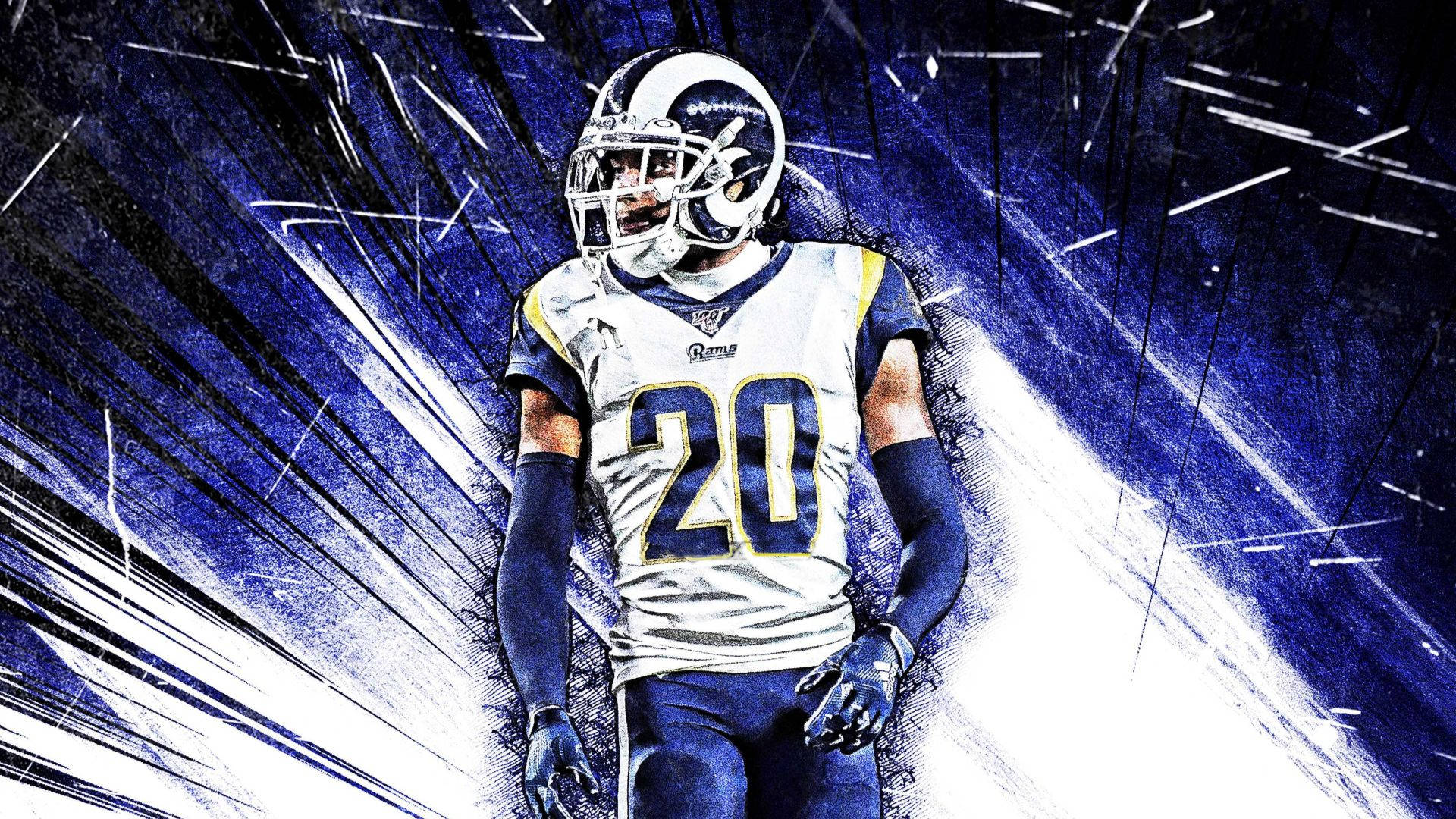 Ramsey 桌布 壁紙 — 一名身穿Rams 20號球衣的足球員自信地站在動態藍白條紋背景前。