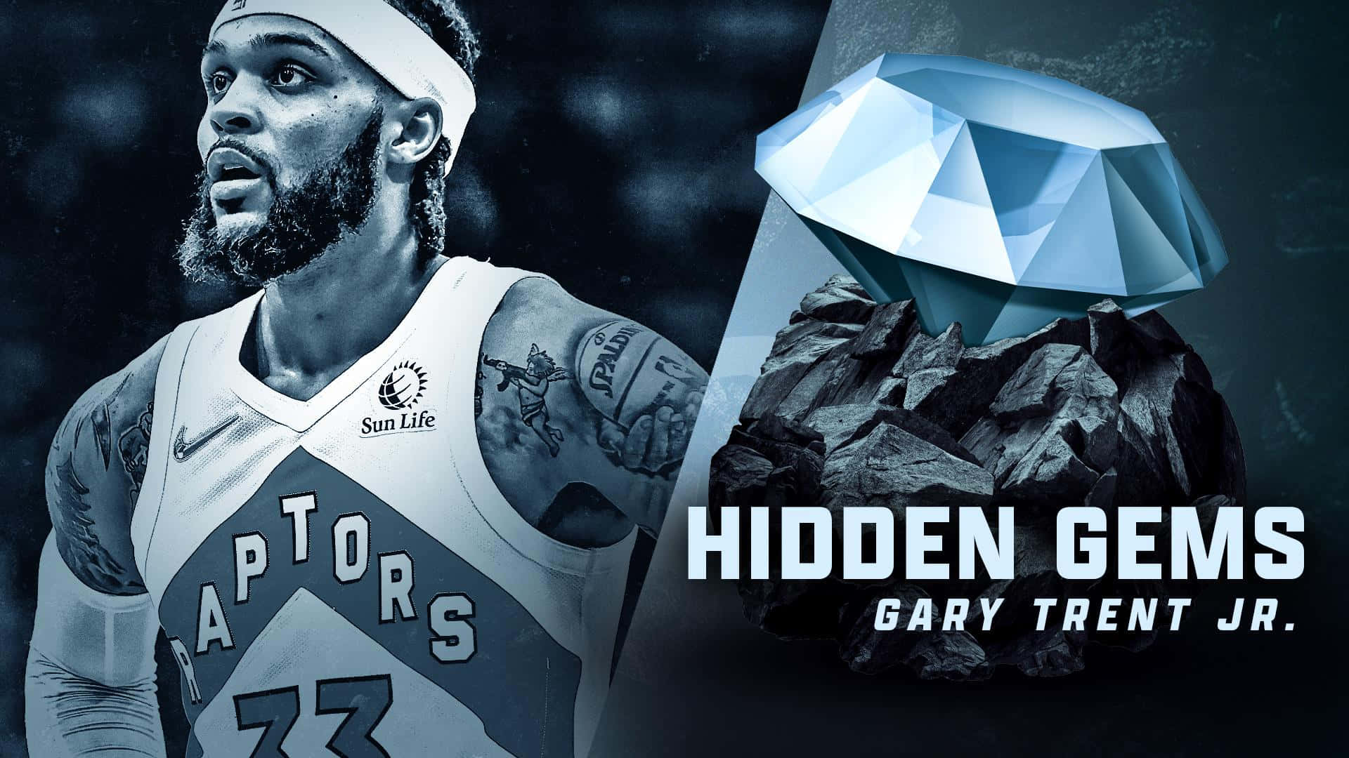 NBA 桌布 壁紙 — 一名身穿Raptors球衣的籃球運動員站在一個從粗礦石中冒出的大鑽石旁邊，粗體文字寫著hidden gems Gary Trent Jr.