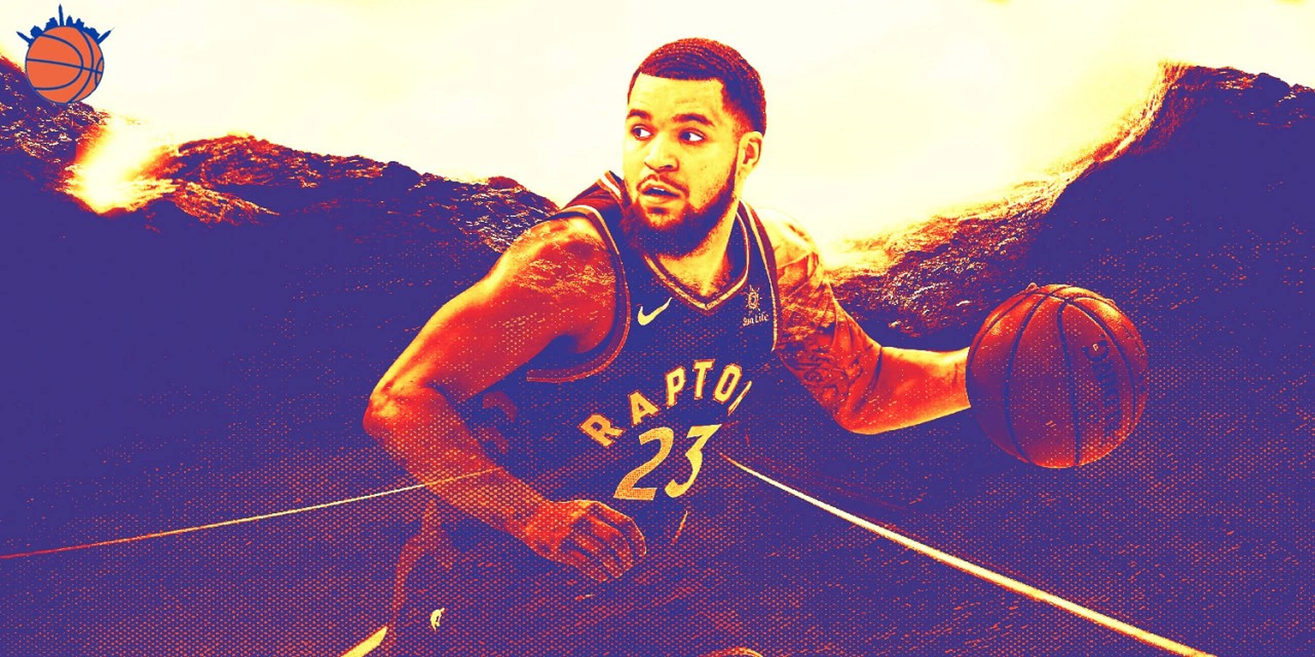 Fred Vanvleet 桌布 壁紙 — 一名身穿Raptors球衣的籃球運動員在風格化的山脈背景下運球，色彩分級強烈。