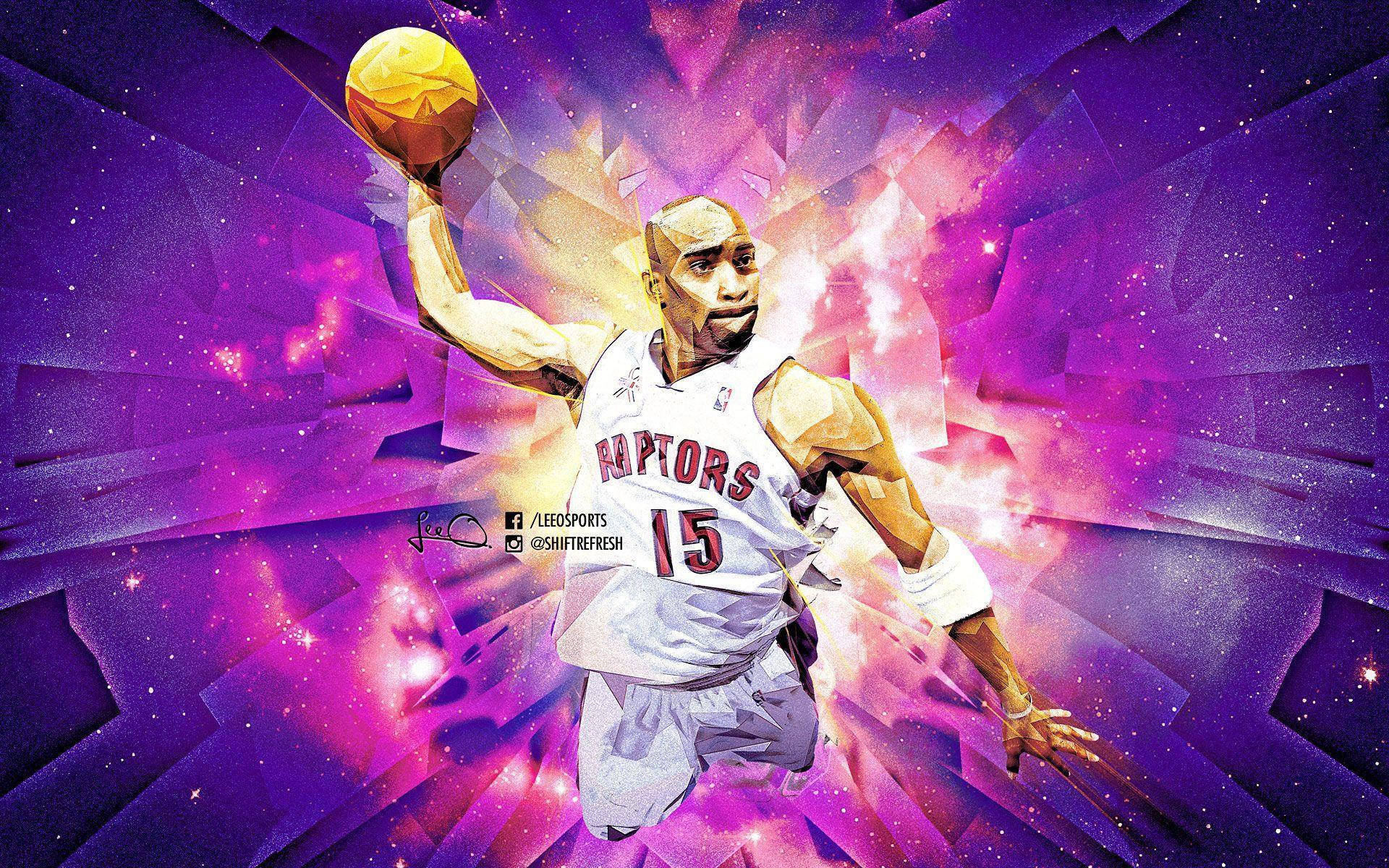 NBA 桌布 壁紙 — 一名身穿Raptors球衣的籃球運動員在帶有幾何碎片的宇宙紫色和粉紅色星空中動態跳躍。