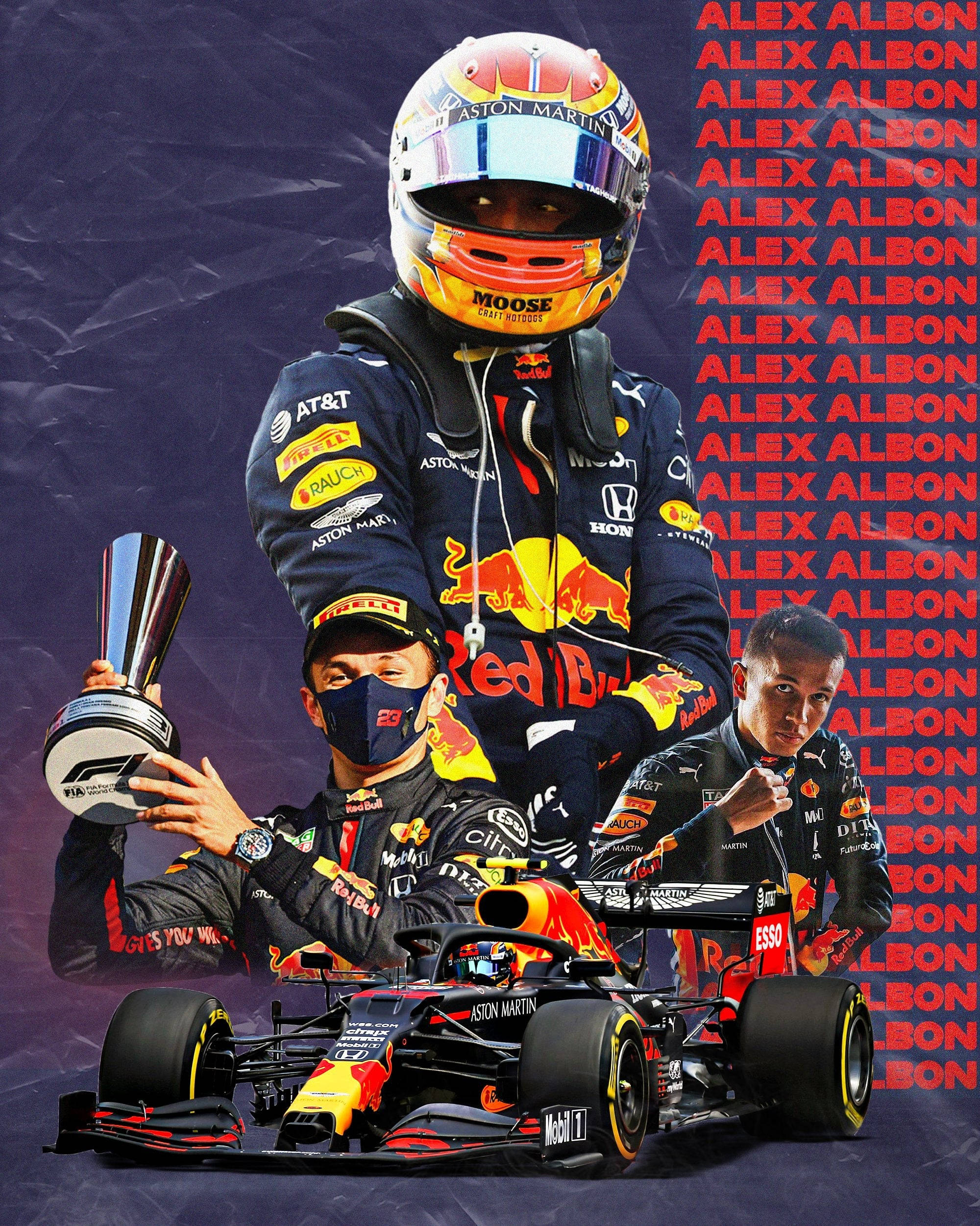 Racing 桌布 壁紙 — 一名身穿Red Bull賽車服和頭盔的F1車手，在風格化的宣傳海報中，與隊友一起將獎盃高舉在賽車之上。