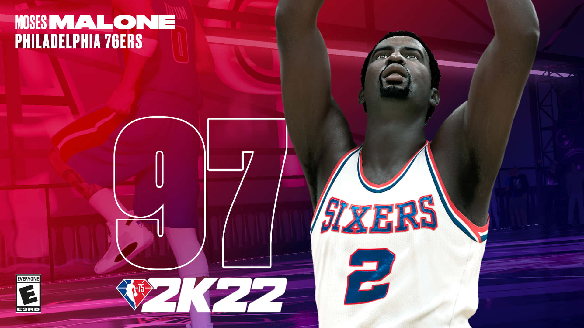 Man 桌布 壁紙 — 一名身穿Sixers球衣的籃球運動員在充滿活力的紅色和紫色遊戲背景中，高舉雙臂跳起，背景上有97號和NBA 2K22品牌標誌。