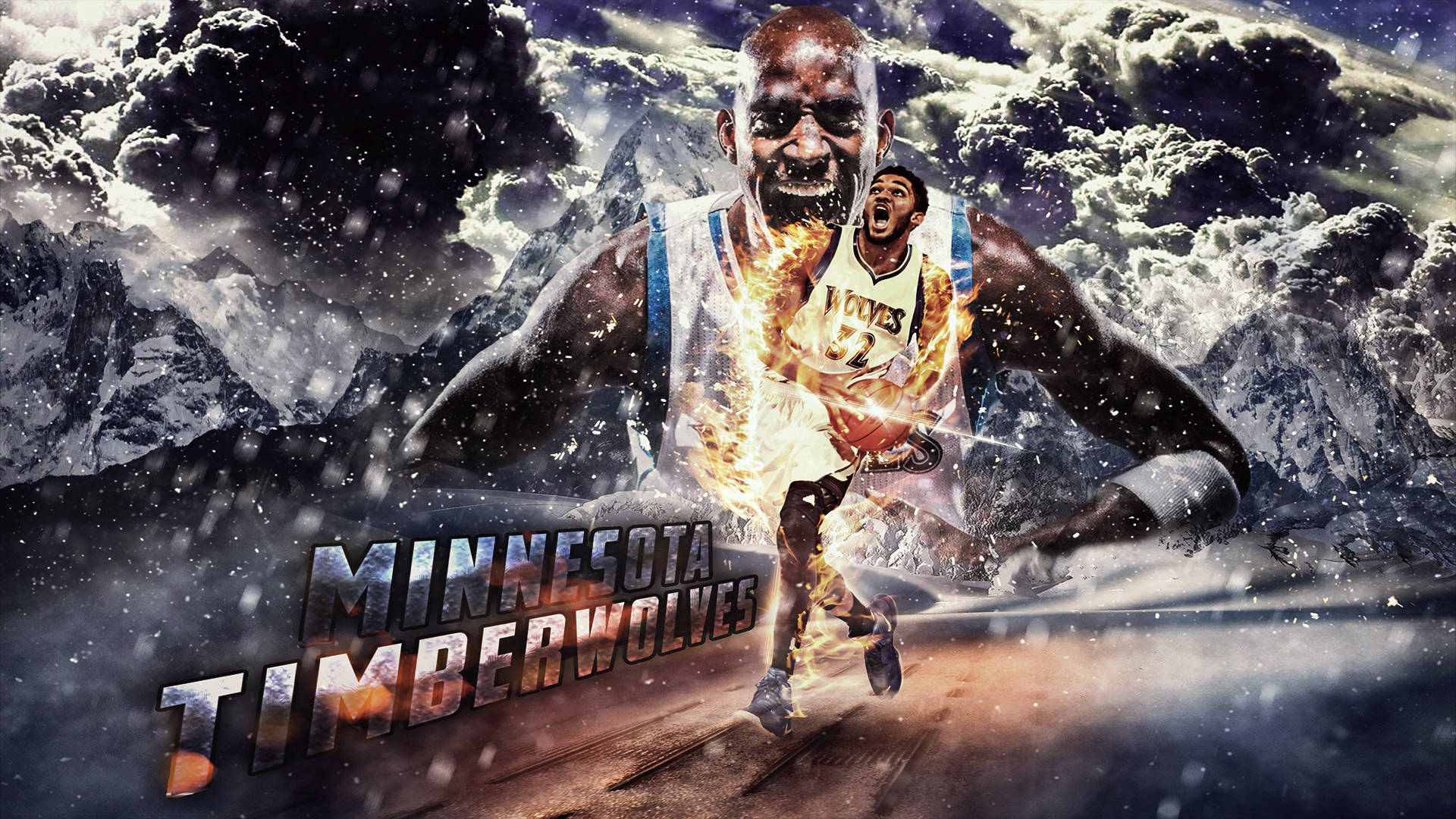 karl-anthony towns 桌布 壁紙 — 一名身穿Timberwolves球衣的籃球運動員在雪山上奔跑，頭頂有熾熱的能量和戲劇性的雲層。