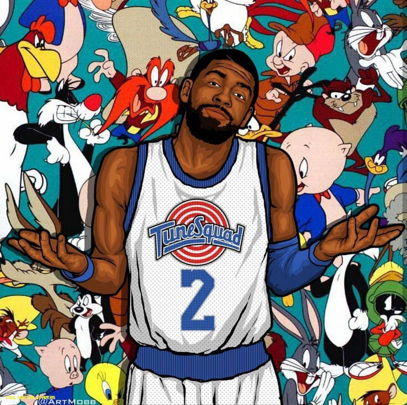 酷 NBA 桌布 壁紙 — 一名身穿Tune Squad球衣的籃球運動員站在舞台中央，周圍是Looney Tunes角色，構成充滿活力的卡通拼貼畫。