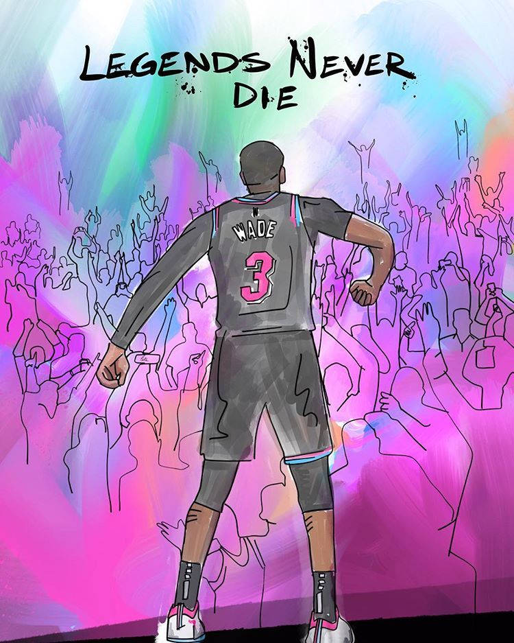NBA 桌布 壁紙 — 一名身穿Wade 3球衣的籃球運動員，在充滿活力的觀眾背光下，站在文字Legends Never Die下方。