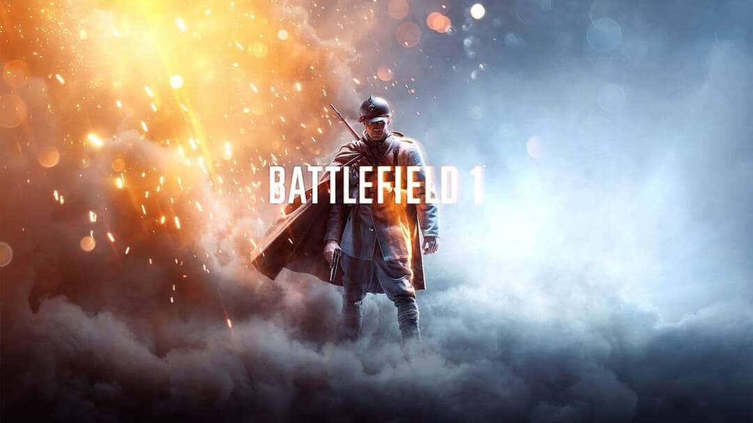 soldier 桌布 壁紙 — 一名身穿一戰裝備的士兵在煙霧和火焰中挑釁地站立，火花在他周圍飛舞，背景是戲劇性的天空。