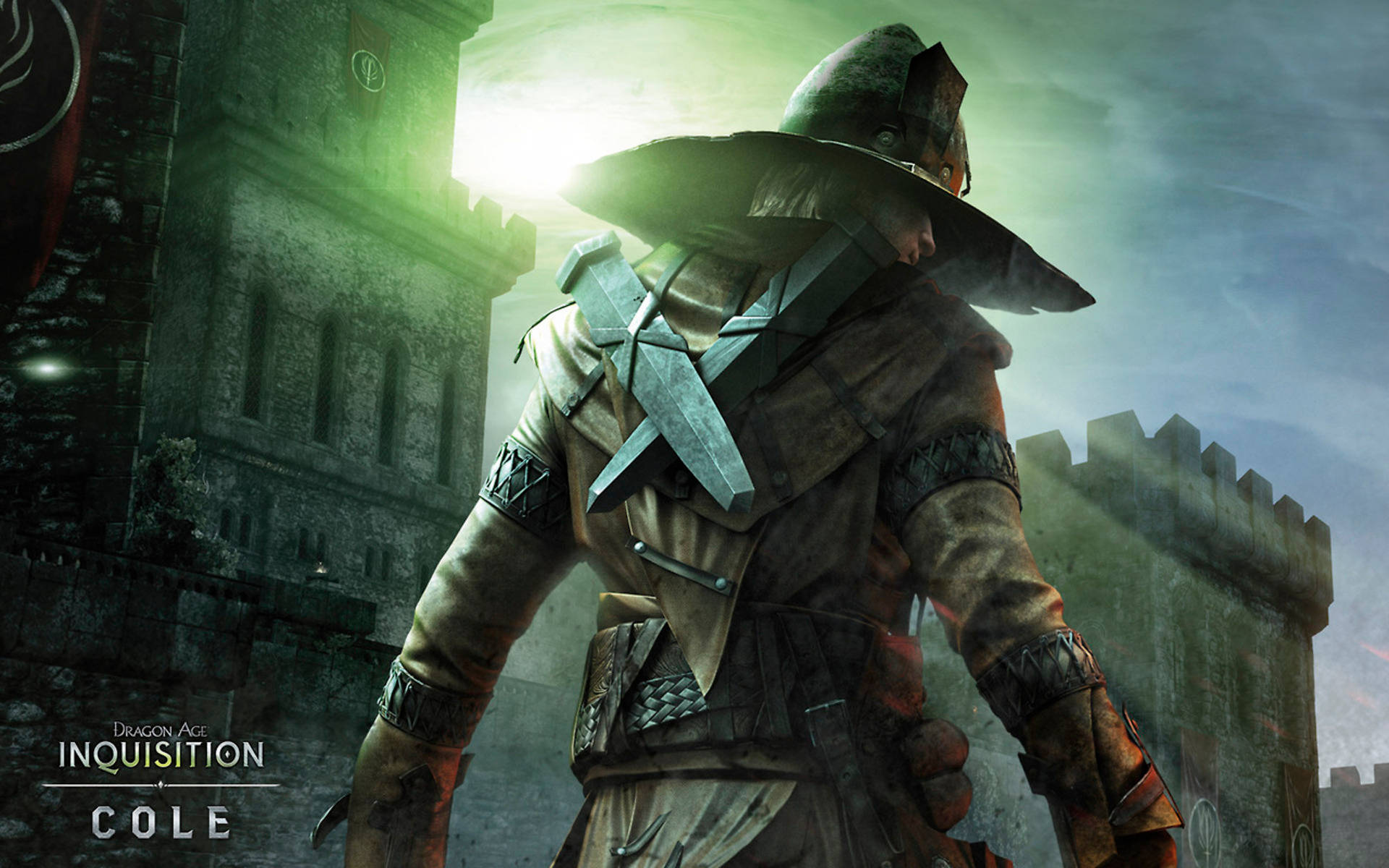Inquisition 桌布 壁紙 — 一名身穿中世紀盔甲的兜帽戰士站在石堡前，身後爆發出綠色光芒。