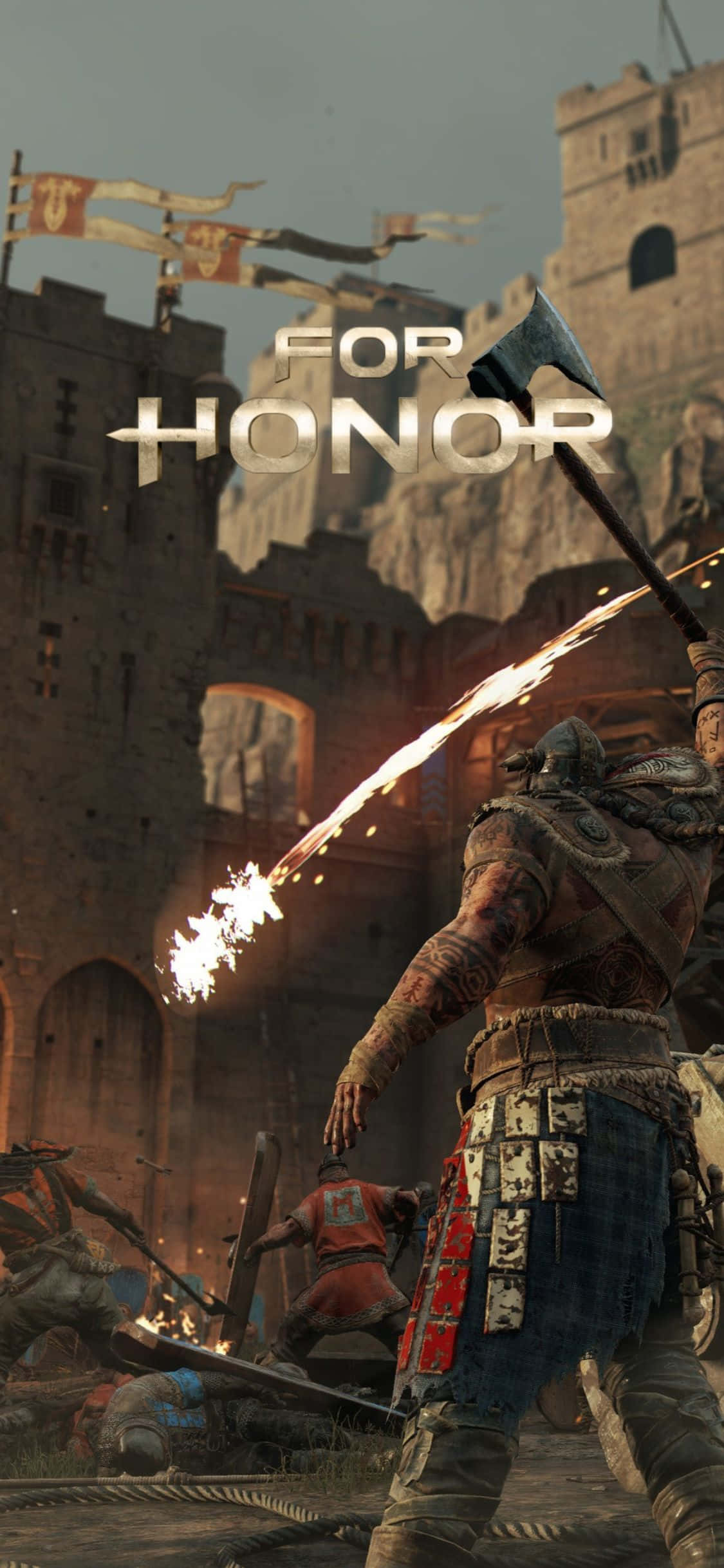 iPhone Xs For Honor 桌布 壁紙 — 一名身穿中世紀盔甲的戰士在石堡壘庭院中，於一場殘酷的戰鬥中揮舞著火焰斧頭。