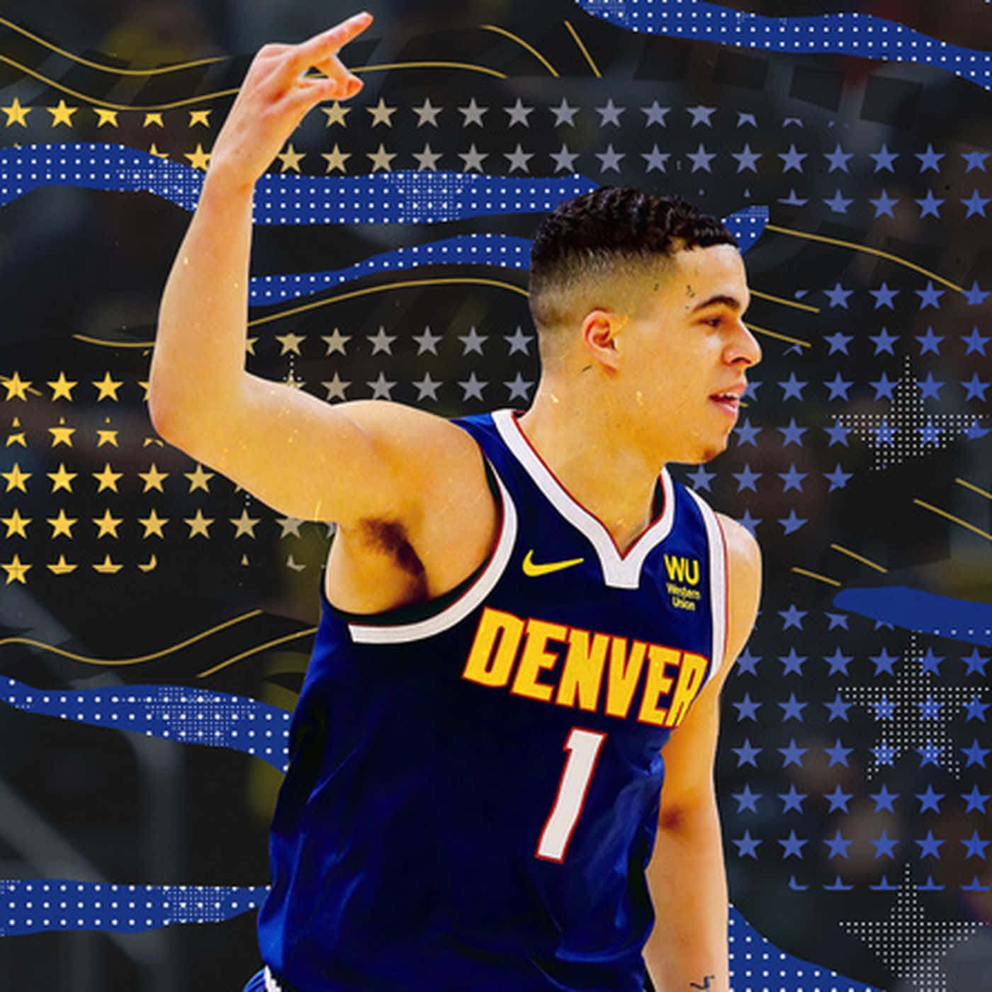 身穿丹佛球衣的籃球運動員在愛國背景下慶祝。 — NBA 壁紙