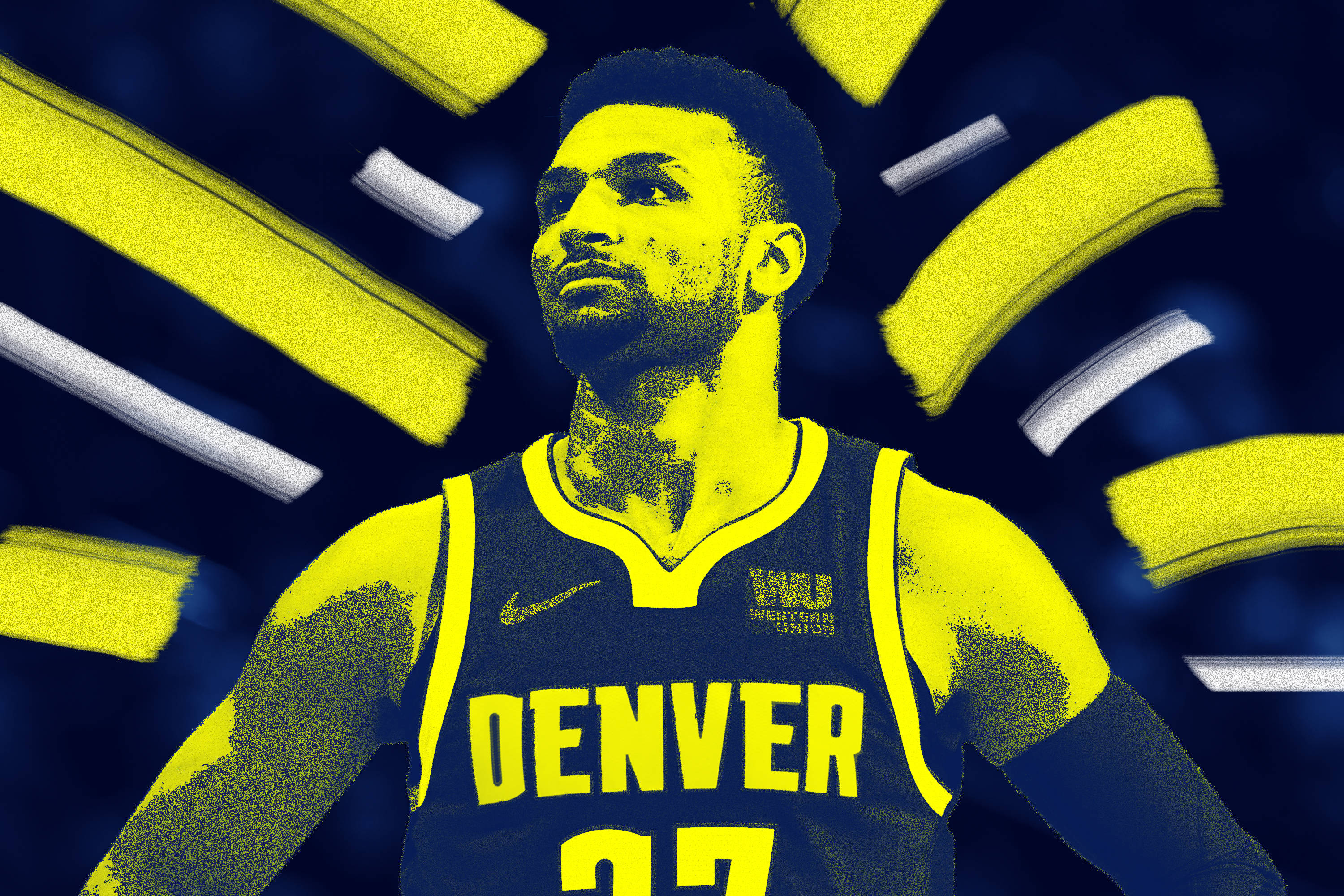 Denver 桌布 壁紙 — 一名身穿丹佛球衣的籃球運動員自信地站在動態的藍黃抽象背景前。