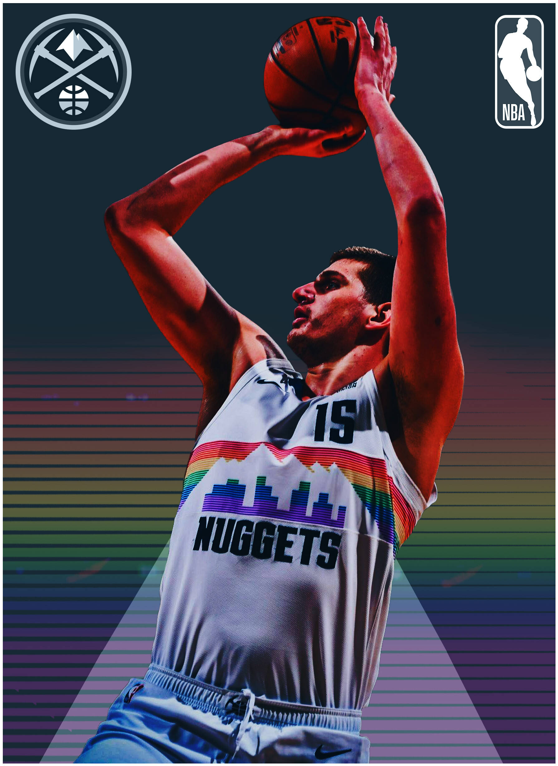 Jokic 桌布 壁紙 — 一名身穿丹佛金塊球衣的籃球運動員，在充滿活力的漸變背景前投出彩虹主題的球。