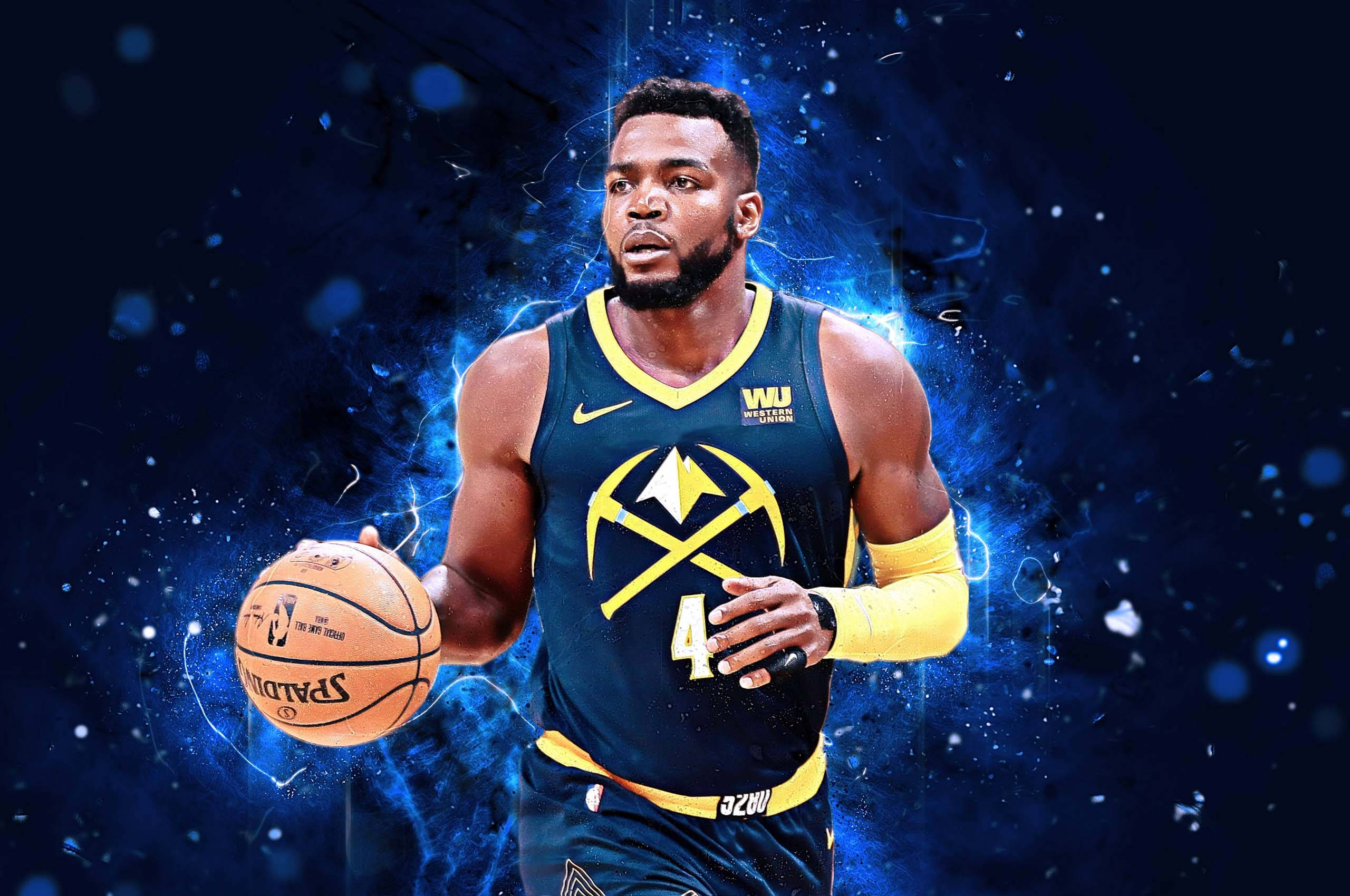 paul millsap 桌布 壁紙 — 一名身穿丹佛金塊球衣的籃球運動員，在宇宙藍色能量背景前手持Spalding籃球。