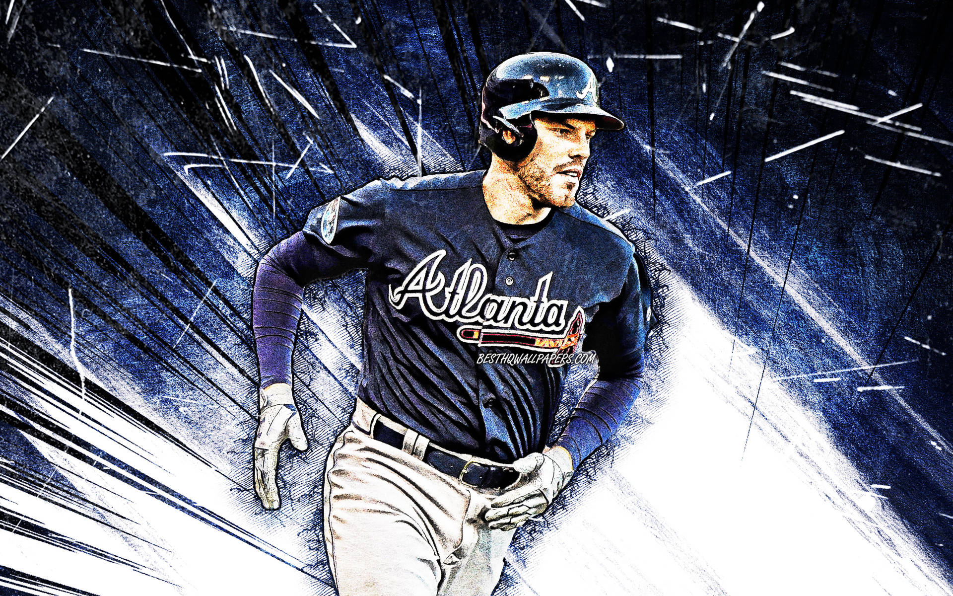 Braves 桌布 壁紙 — 一名身穿亞特蘭大勇士隊球衣的棒球運動員在深藍色背景前向前衝刺，身後散發出動態運動線條。