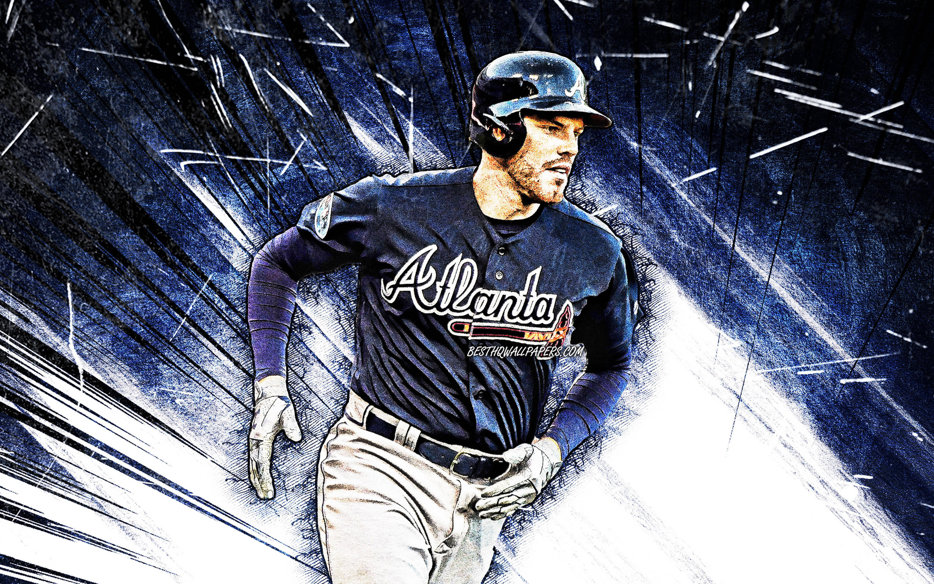 Freddie Freeman 桌布 壁紙 — 一名身穿亞特蘭大勇士隊球衣的棒球選手，在充滿動感的藍白條紋背景前，全神貫注地向前衝刺。