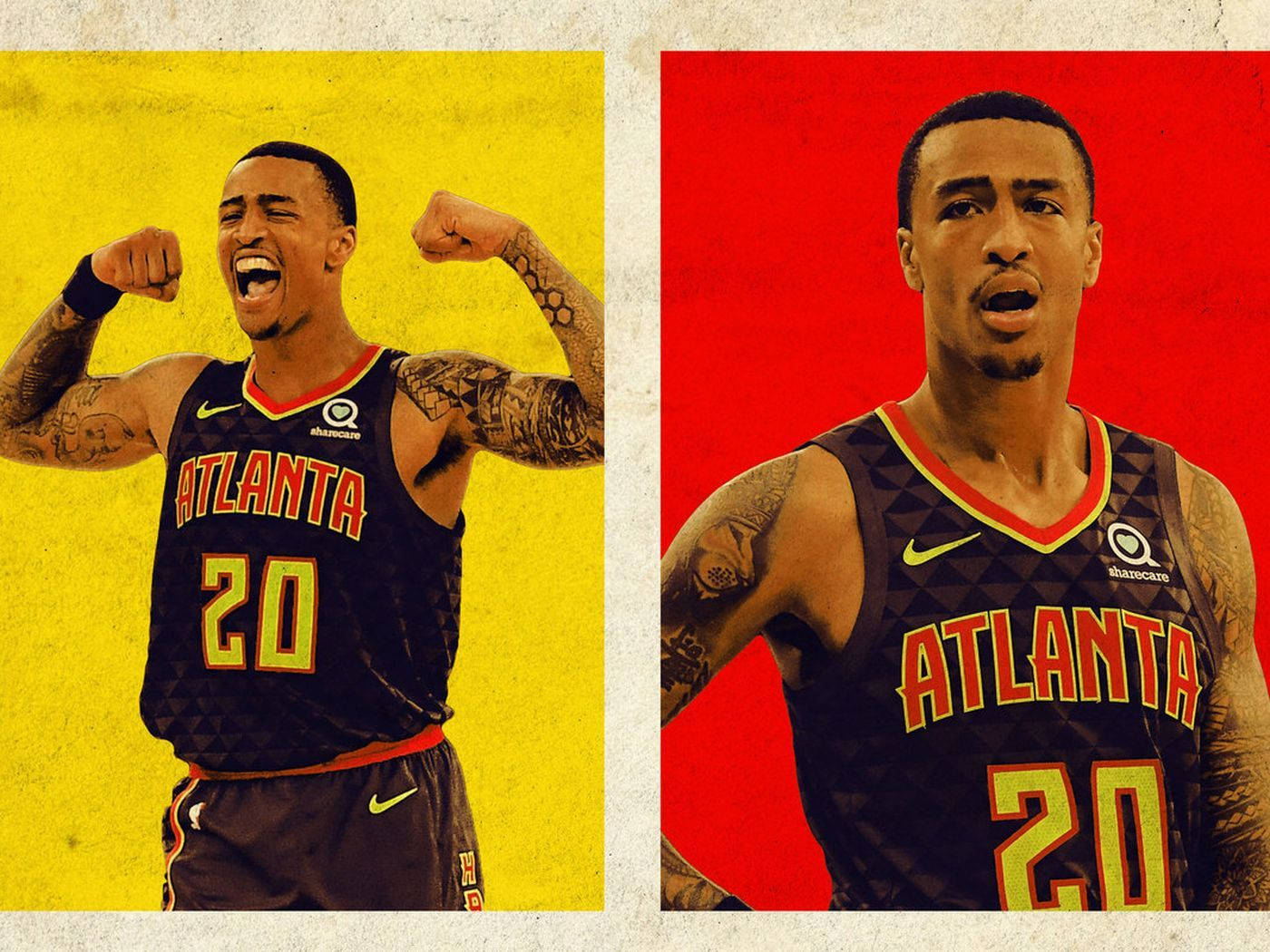 John Collins 桌布 壁紙 — 一名身穿亞特蘭大球衣的籃球運動員在黃色背景上以勝利姿態擺姿勢，而另一幅肖像則顯示他在紅色背景上專注力極強。