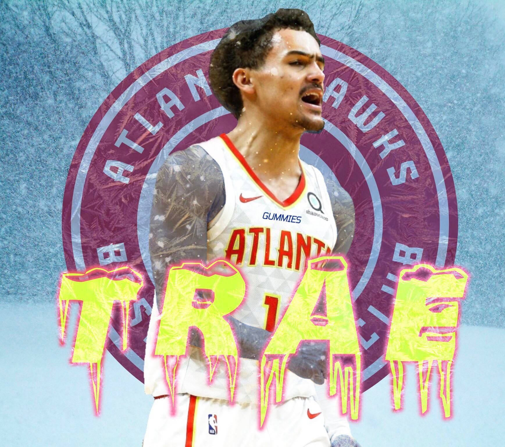 Trae Young 桌布 壁紙 — 一名身穿亞特蘭大老鷹隊球衣的籃球運動員，站在冰霜背景前，背景有發光的霓虹燈 'TRAEE' 文字和球隊標誌。