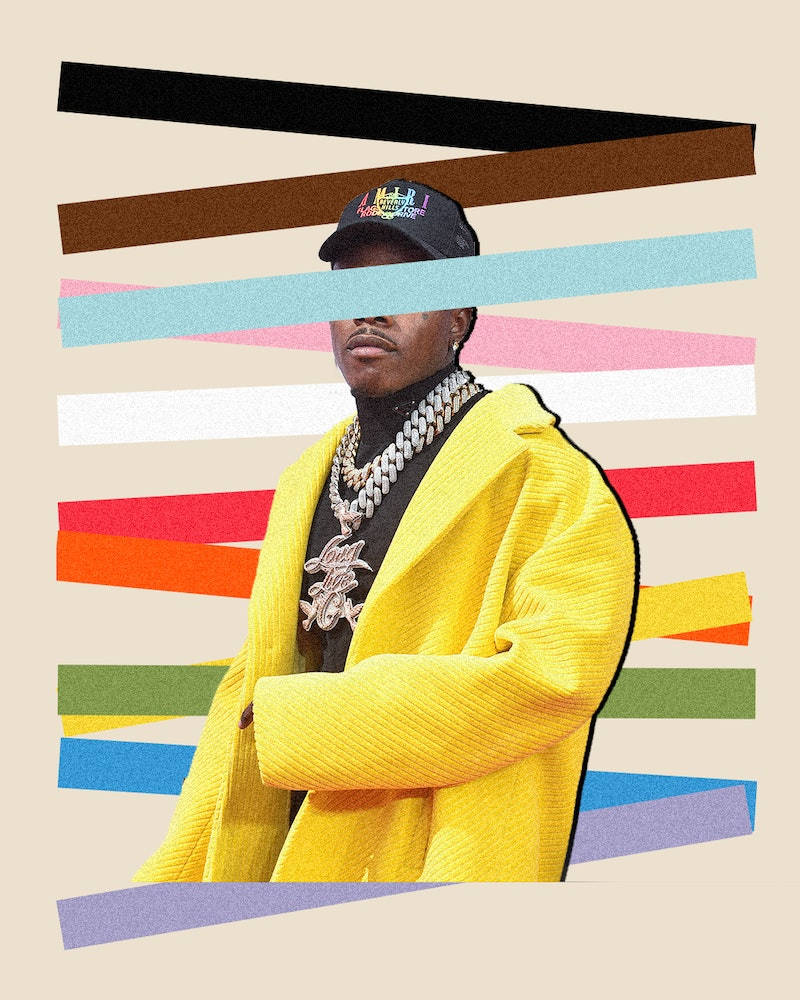 Hip Hop 桌布 壁紙 — 一名身穿亮黃色外套和金色鏈條的男子自信地站在彩色斜條紋後面。