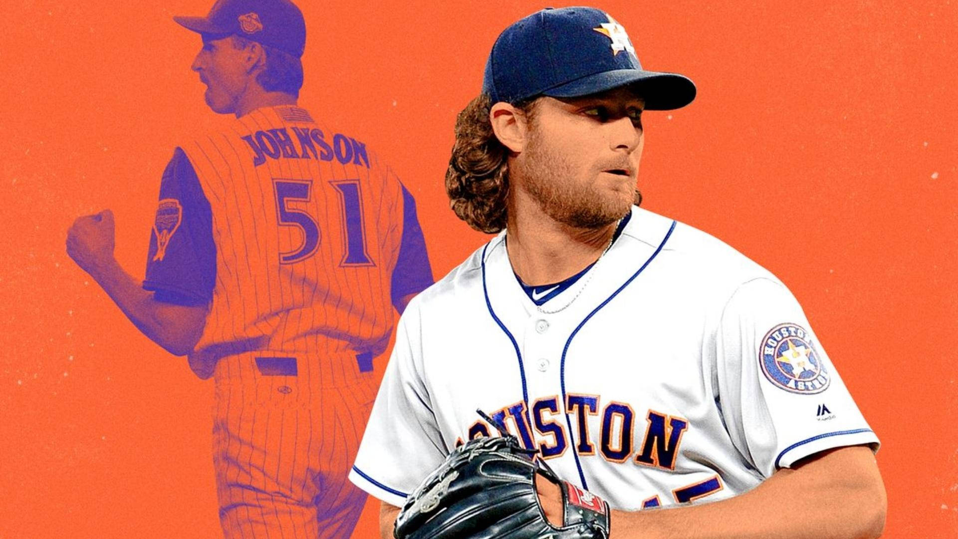 Gerrit Cole 桌布 壁紙 — 一名身穿休士頓太空人隊球衣的棒球選手，在充滿活力的橙色背景上舉起手套，背景有另一名球員的褪色剪影。