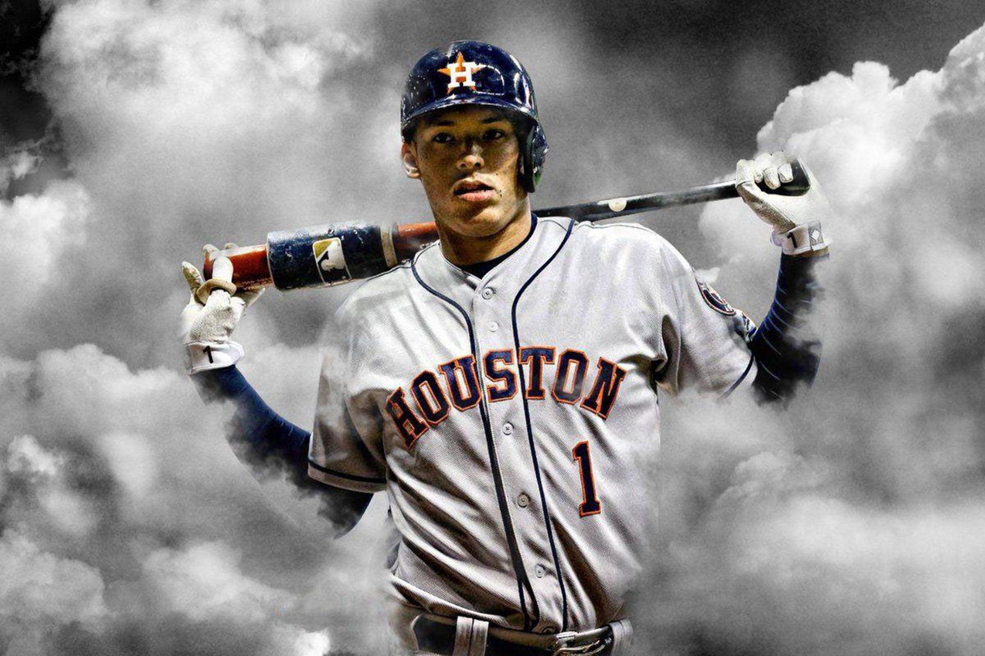 Carlos Correa 桌布 壁紙 — 一名身穿休士頓太空人隊球衣的棒球運動員，在戲劇性的多雲背景下，將球棒扛在肩上。
