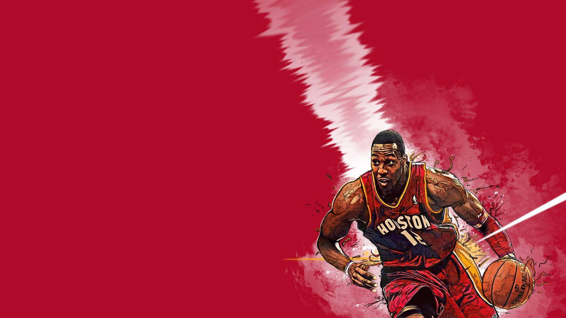 NBA 桌布 壁紙 — 一名身穿休士頓球衣的動感插畫籃球運動員，在鮮紅色背景上運球，帶有動態模糊效果。