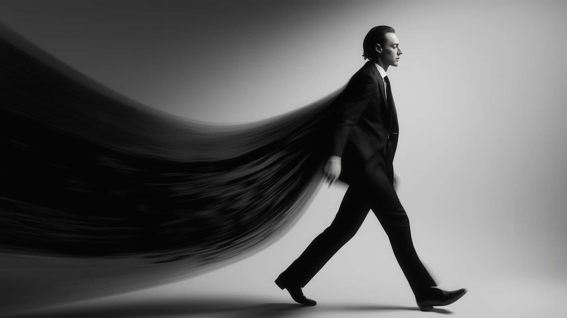 Man in Suit Walking with Abstract Flowing Motion Effect in Black and White 壁紙 — 一名身穿俐落黑色西裝的男子向前邁步，身後飄逸的黑色布料在極簡灰色背景下拖曳。