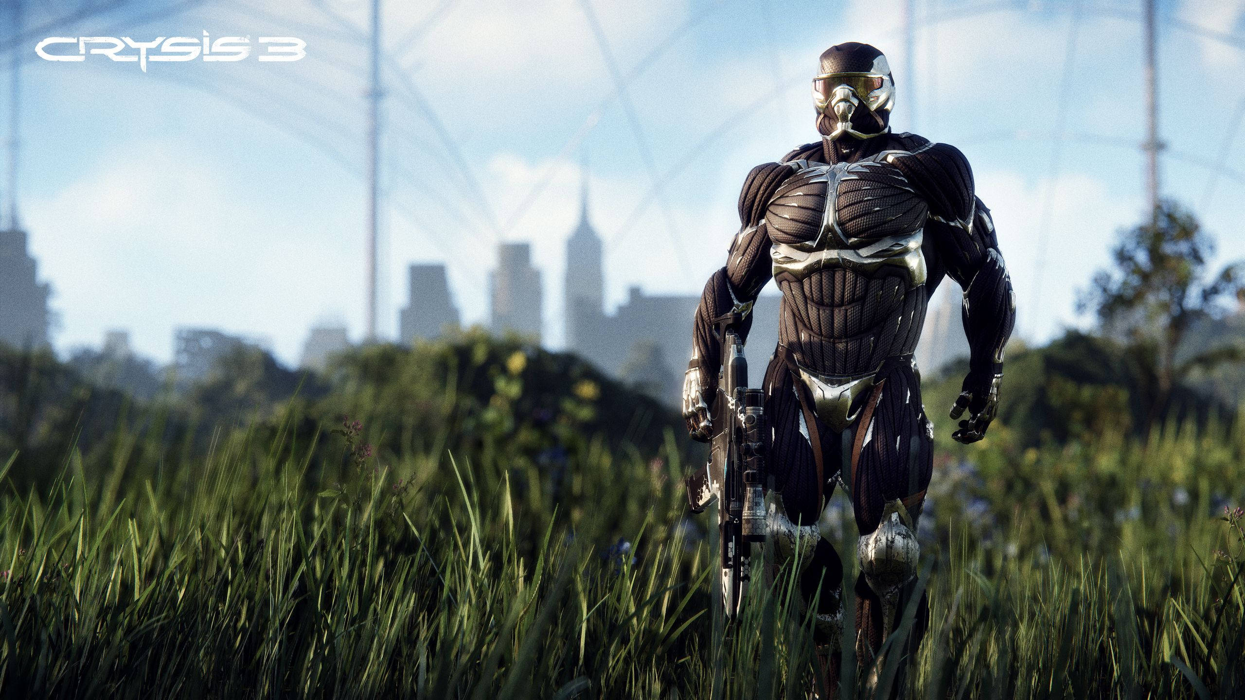 crysis 3 4K 桌布 壁紙 — 一名身穿先進戰術裝甲的士兵穿過高草叢，背景可見城市天際線。