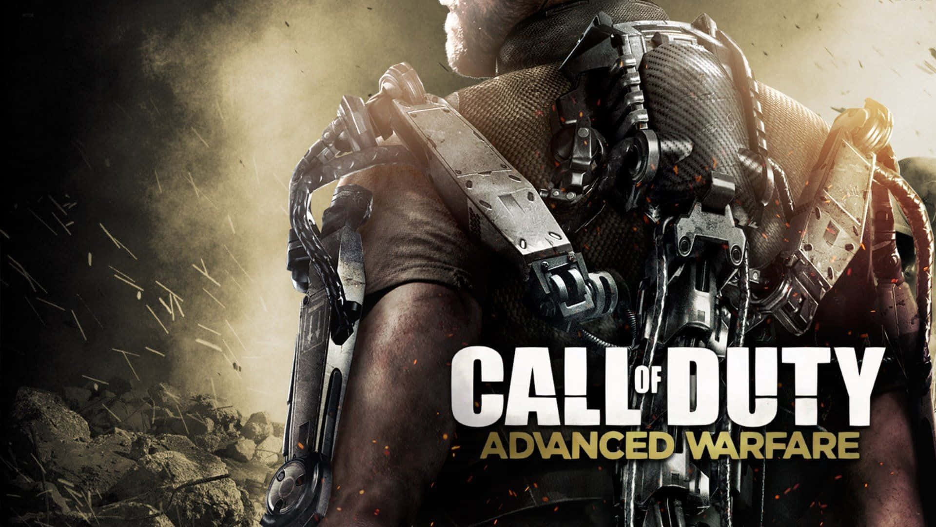 Call Of Duty Ps4 桌布 壁紙 — 一名身穿先進戰鬥裝備的士兵，在朦朧的戰場天空下，站在瓦礫和飛濺的彈片中。