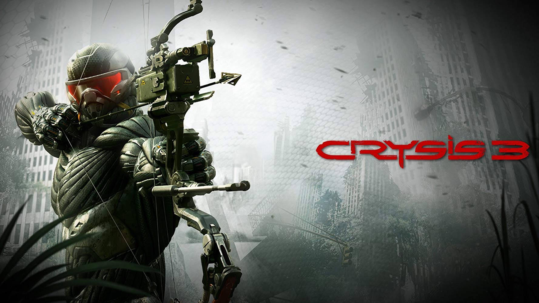 Crysis 3 桌布 壁紙 — 一名身穿先進裝甲的士兵，瞄準高科技弓箭，背景是廢墟城市景觀，Crysis 3 標誌發出紅光。